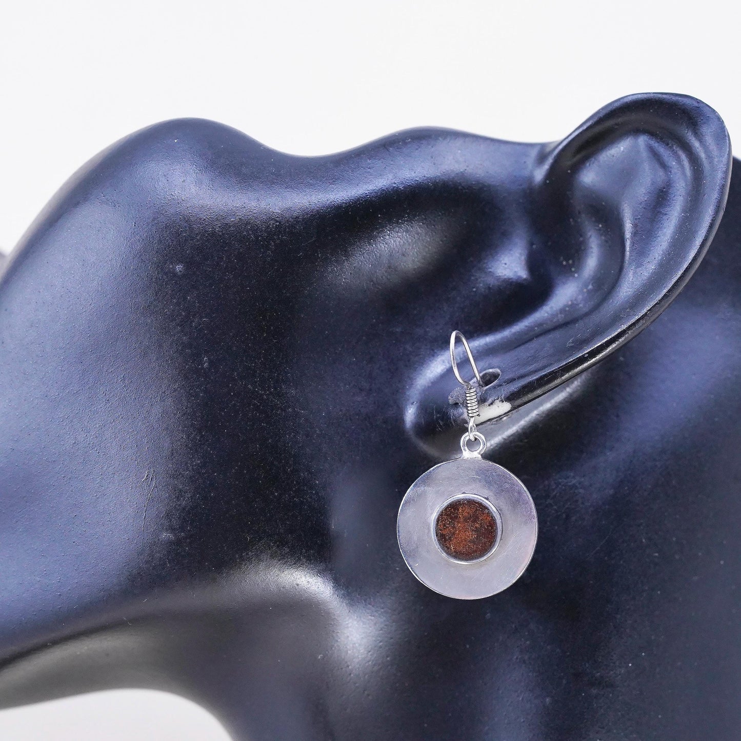 Vintage signed Sterling 925 silver handmade earrings with round drops and amber