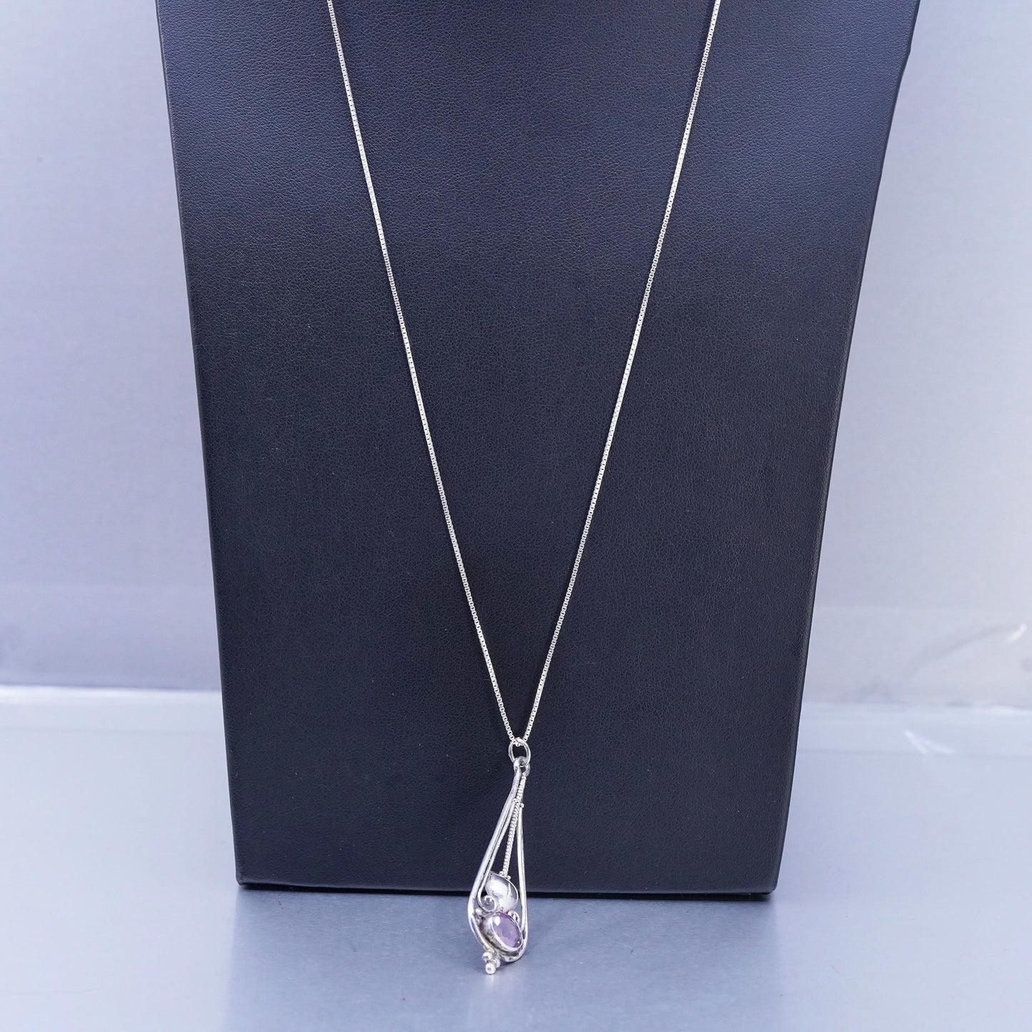 24", Vintage Sterling 925 silver box chain necklace teardrop amethyst pendant