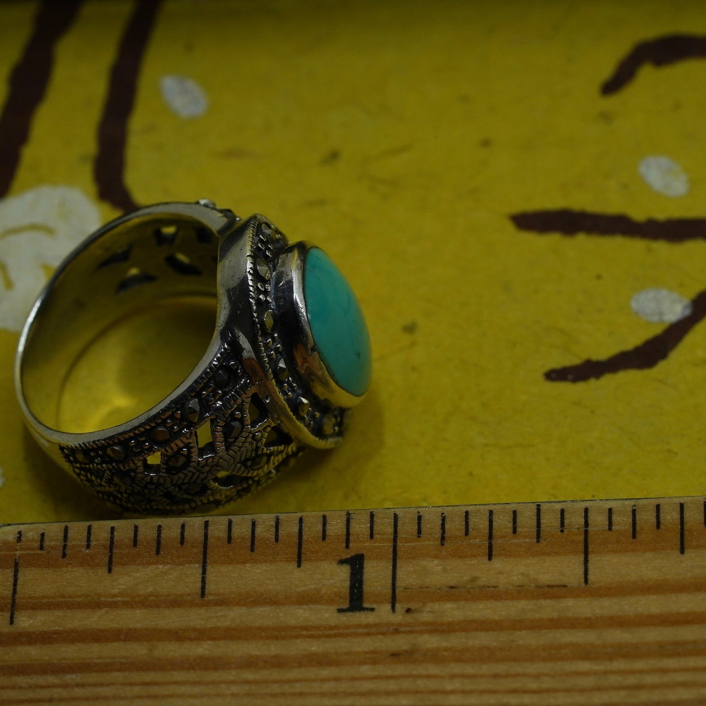 Size 7, southwestern Sterling silver ring, 925 band oval turquoise marcasite