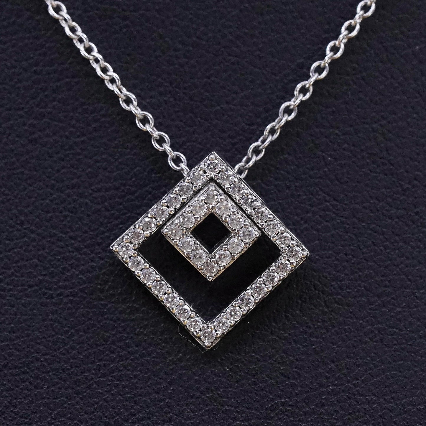 15+3” Vintage TCS Sterling 925 silver circle necklace double square cz pendant