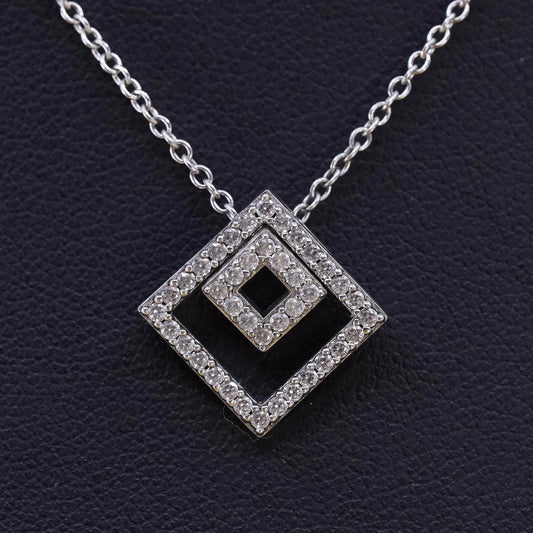 15+3” Vintage TCS Sterling 925 silver circle necklace double square cz pendant