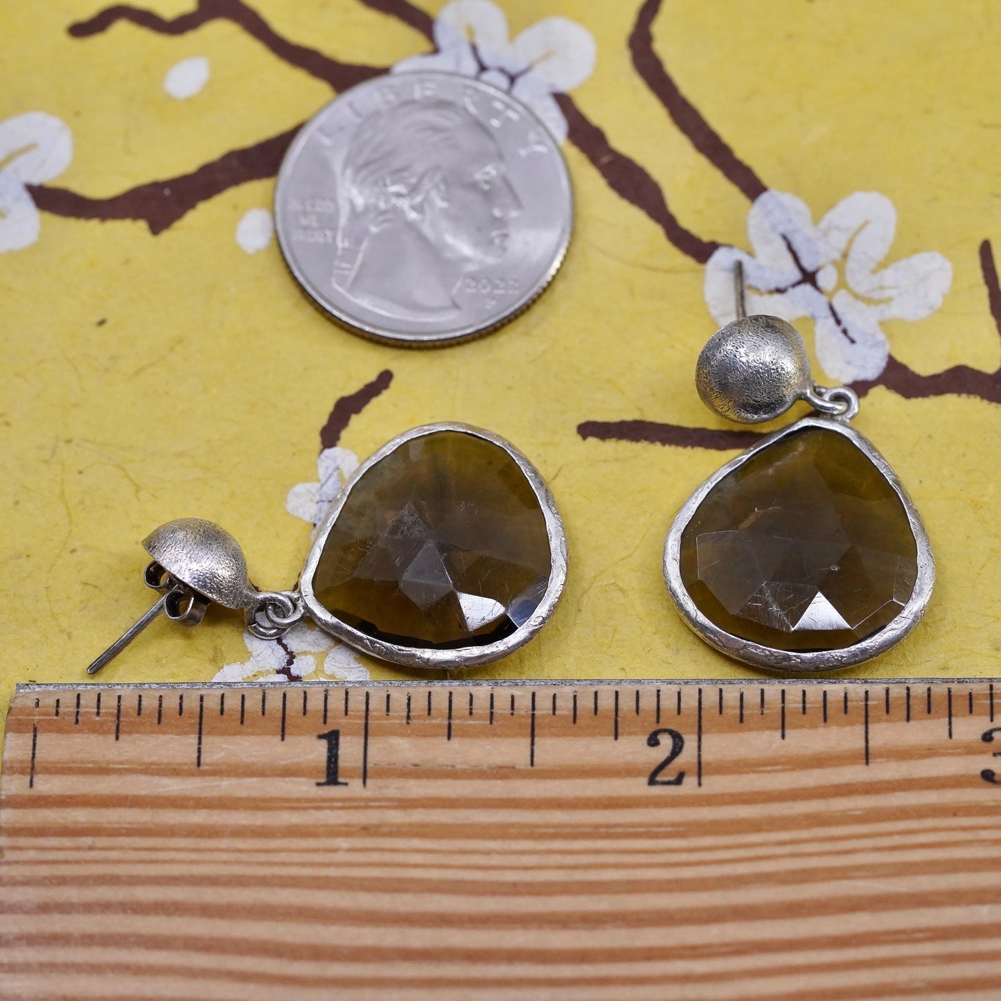 Vintage Sterling 925 Silver Brown Smoky Quartz teardrop handmade Earrings