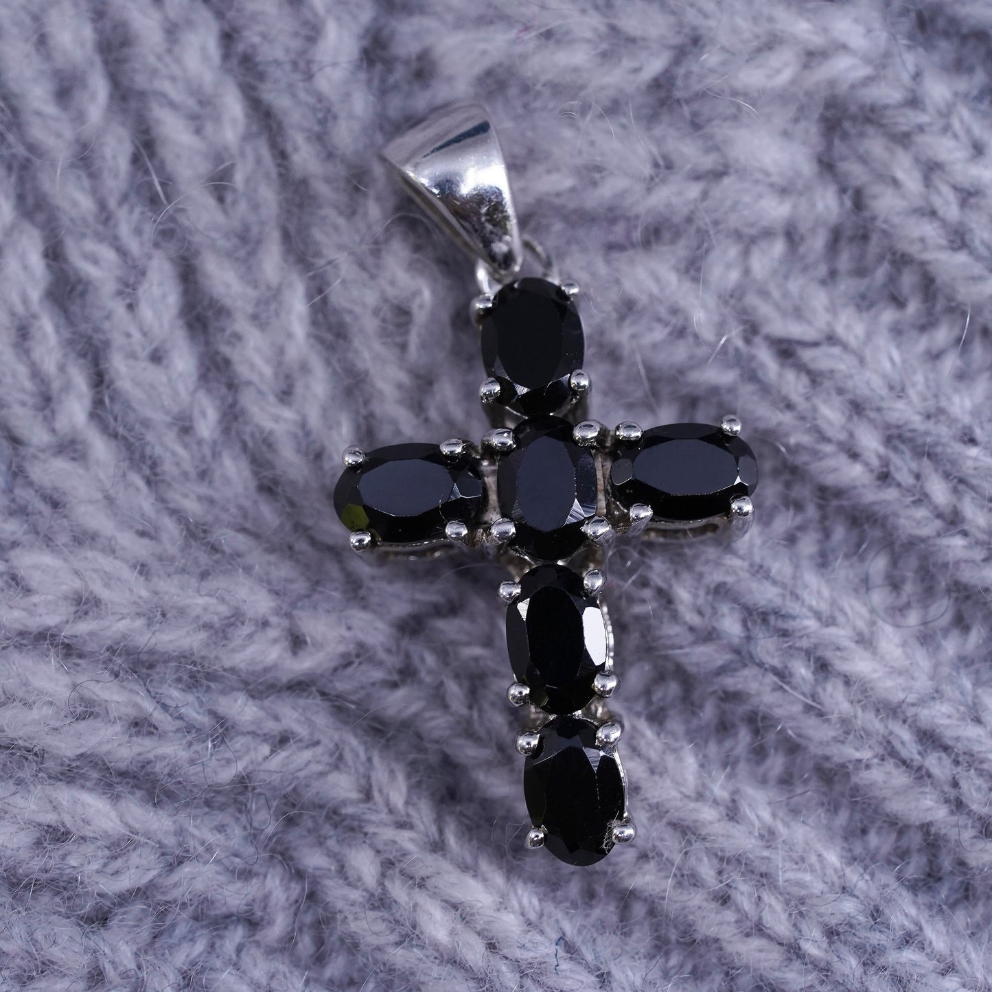 Vintage sterling silver handmade pendant, 925 cross with black spinels