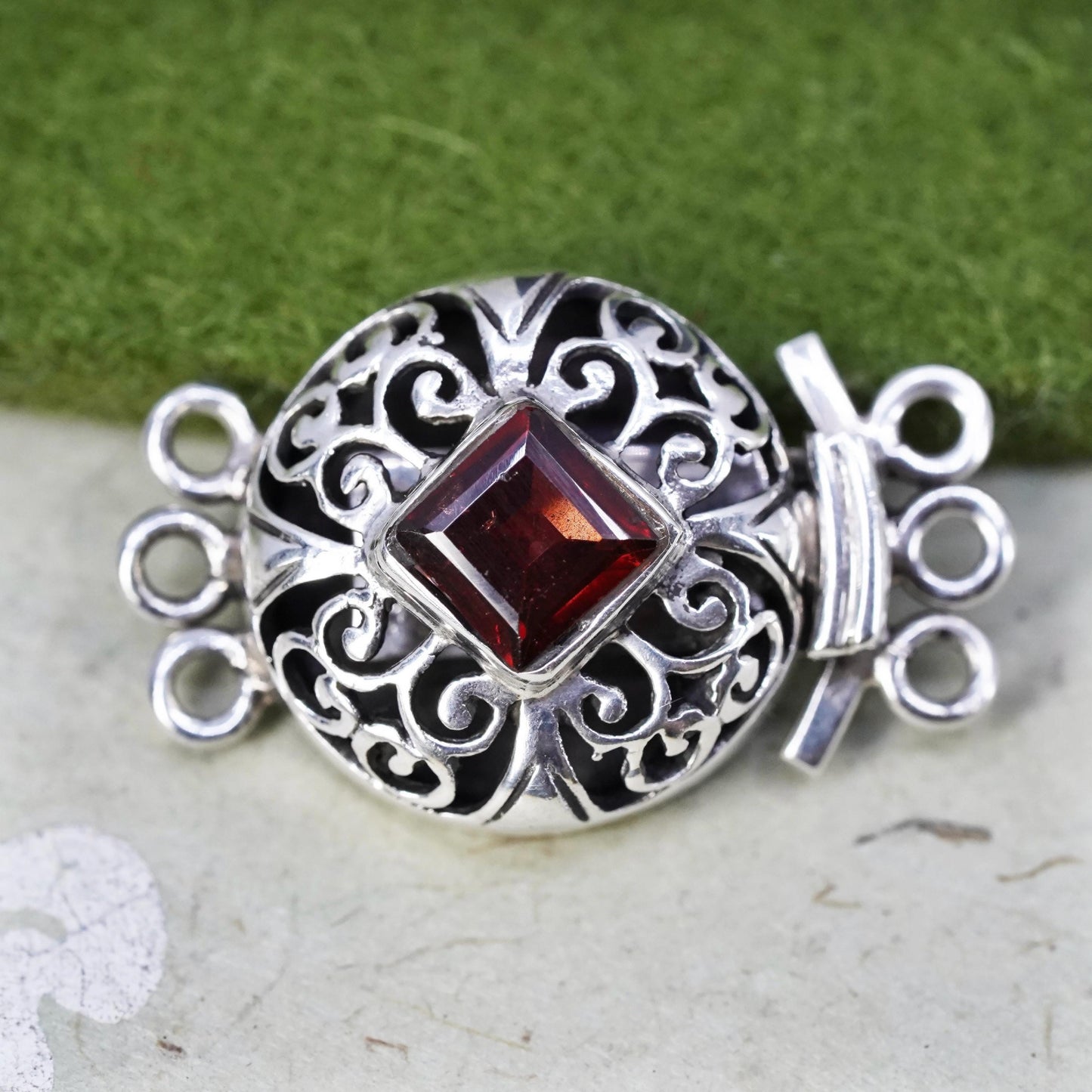 vintage Sterling silver handmade filigree clasp with ruby details