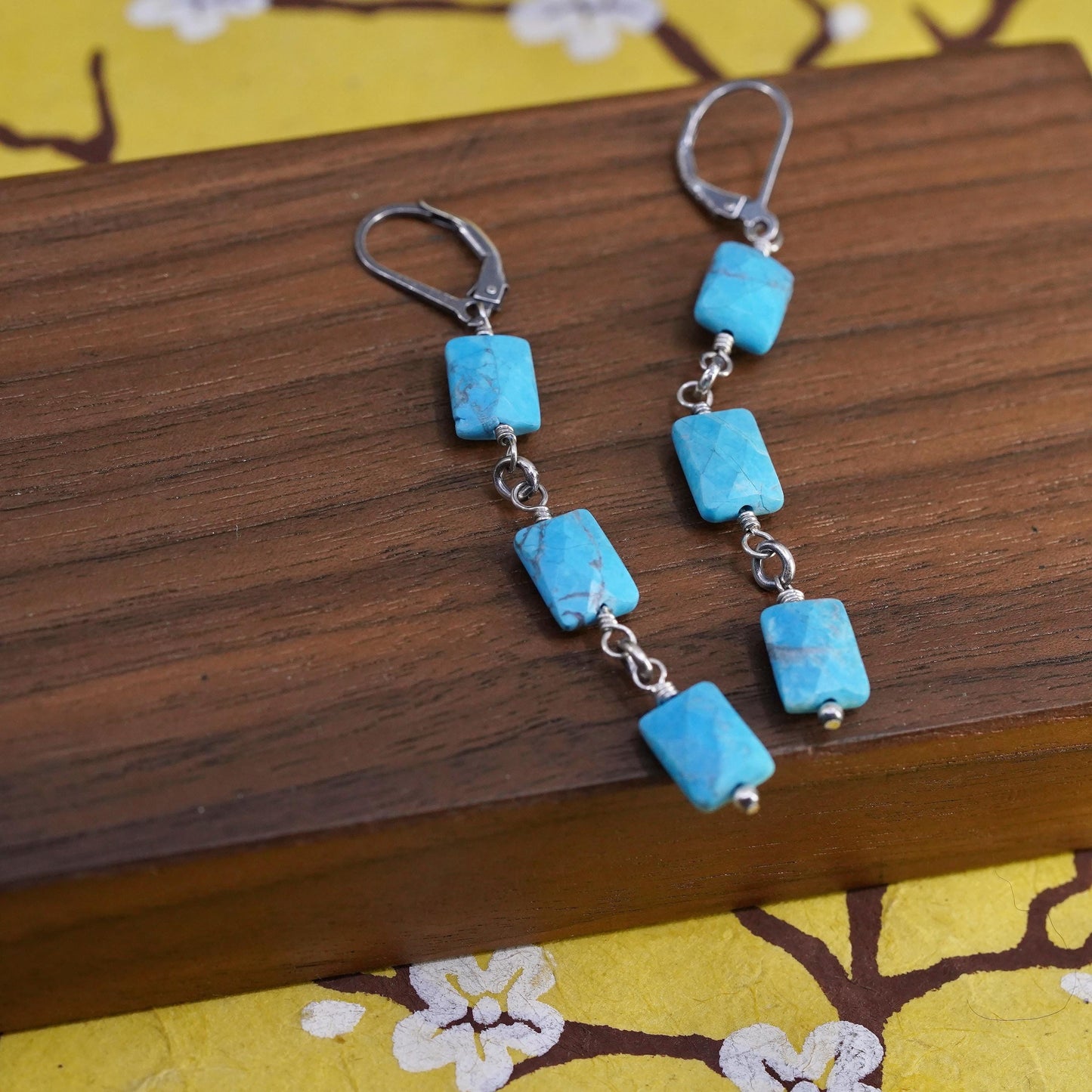 Vintage Sterling 925 silver handmade long earrings with turquoise beads