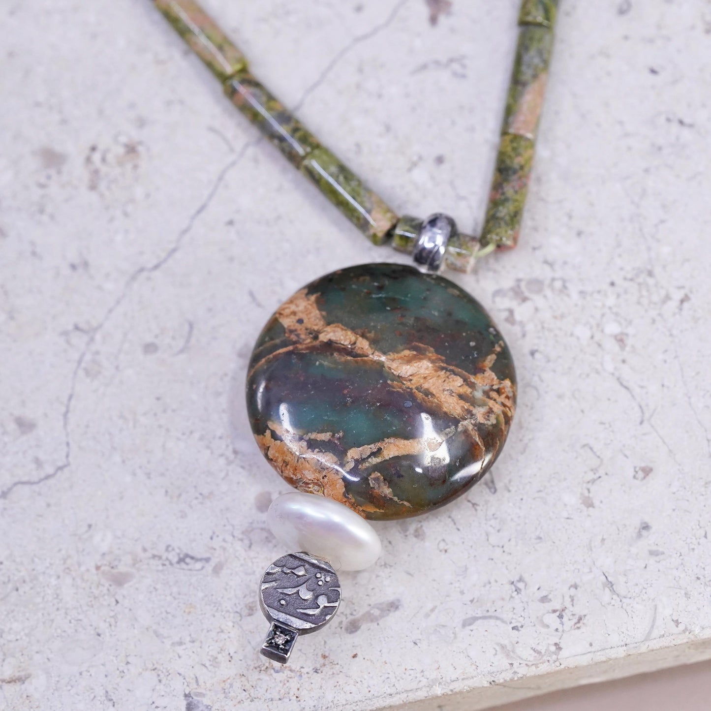 16", vintage Sterling 925 silver necklace fancy landscape Jasper, tube beads