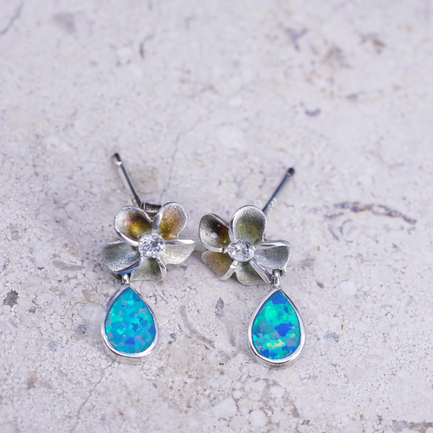 VTG Sterling silver earrings, 925 plumeria flower drops cz teardrop fire opal