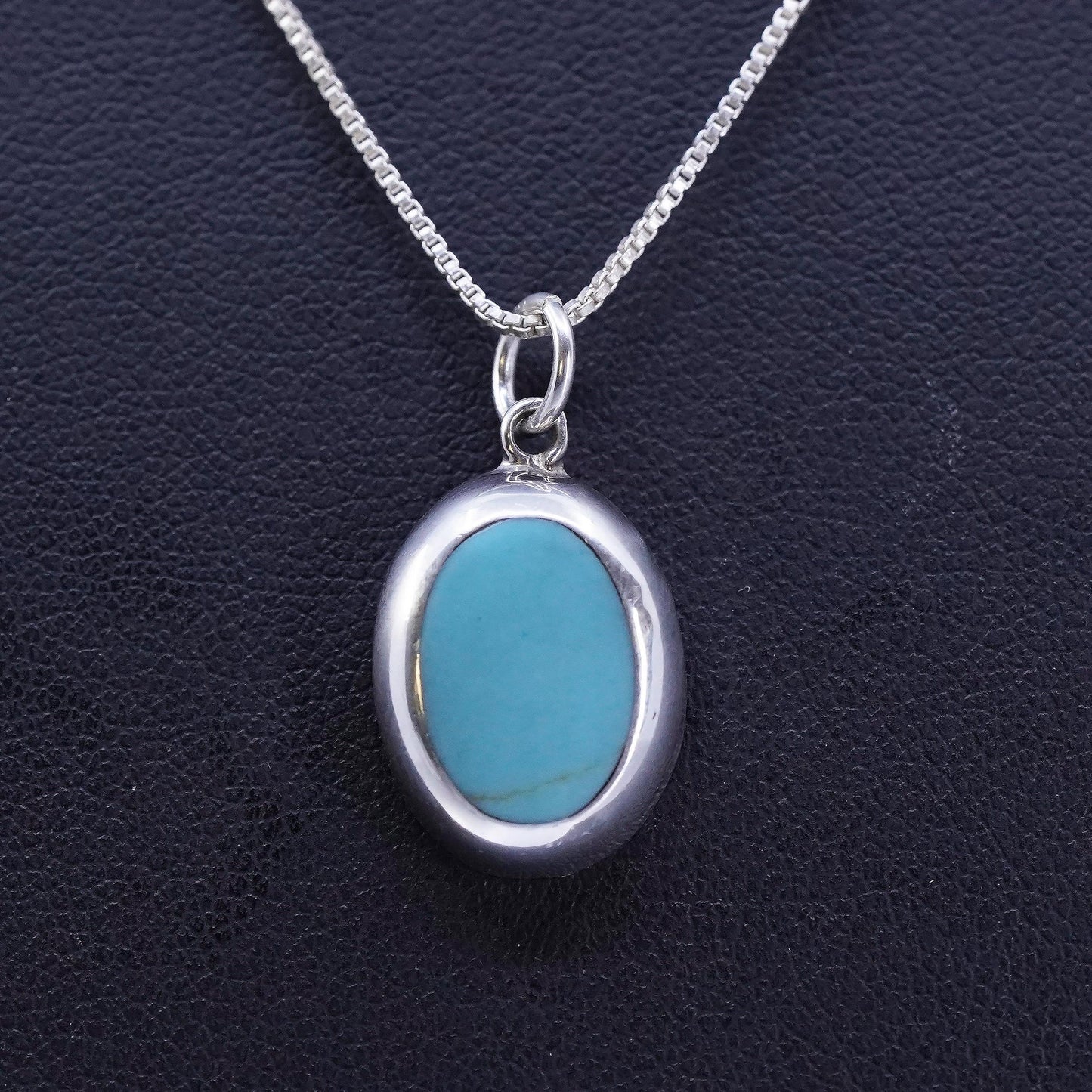 18”, Native American Sterling 925 silver box chain necklace turquoise pendant