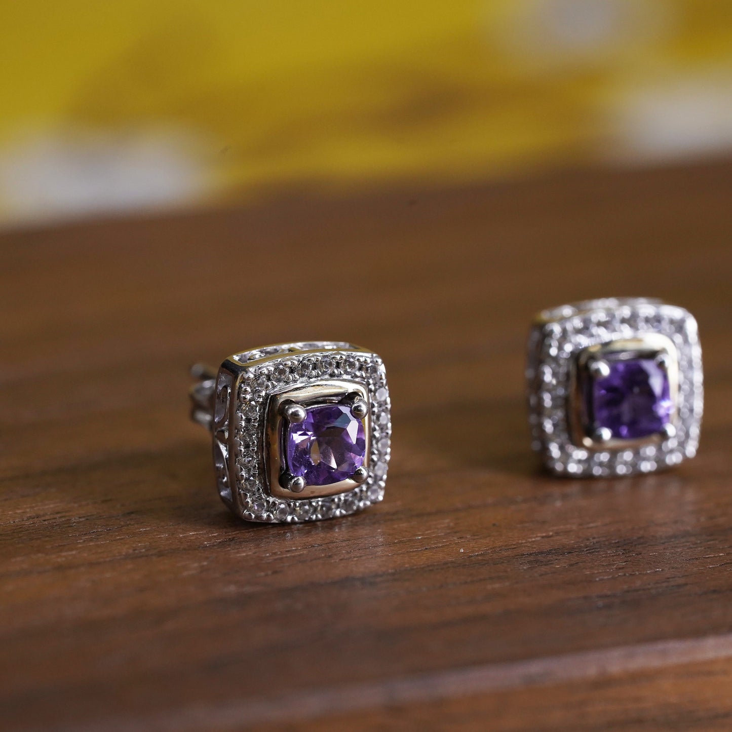 Sterling 925 silver square amethyst studs, earrings with 10K yellow gold trims