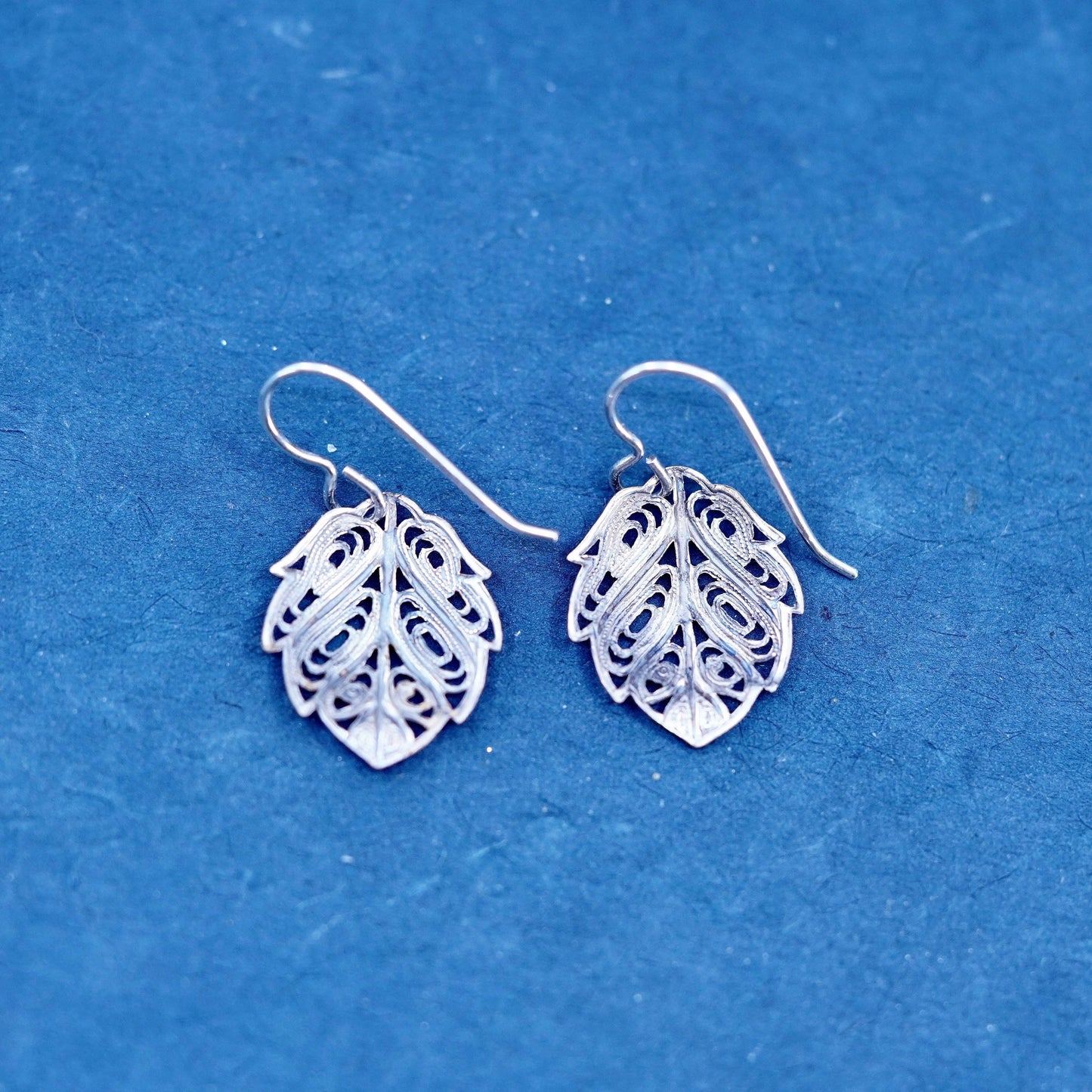 Vintage sterling silver handmade earrings, 925 filigree leaf drop