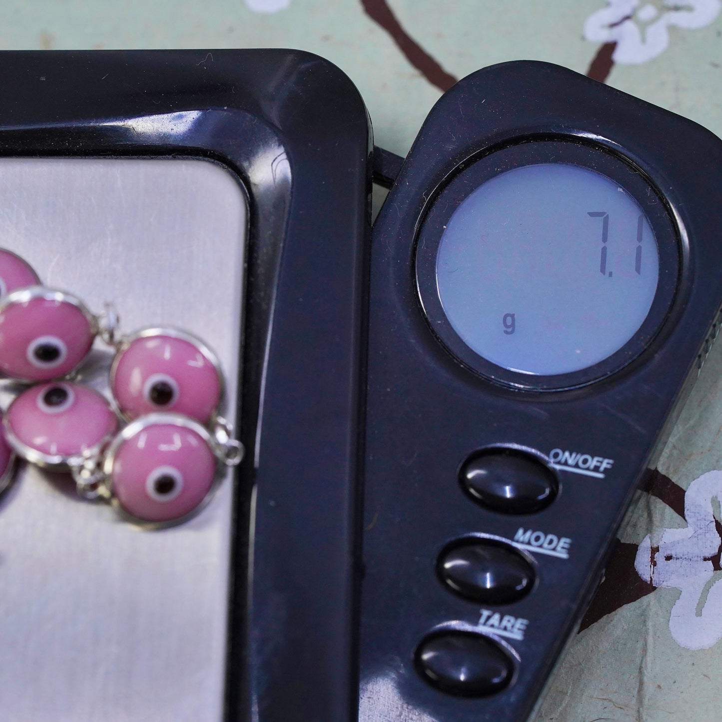 6.75”, vintage handmade sterling silver bracelet, pink glass evil eye beads