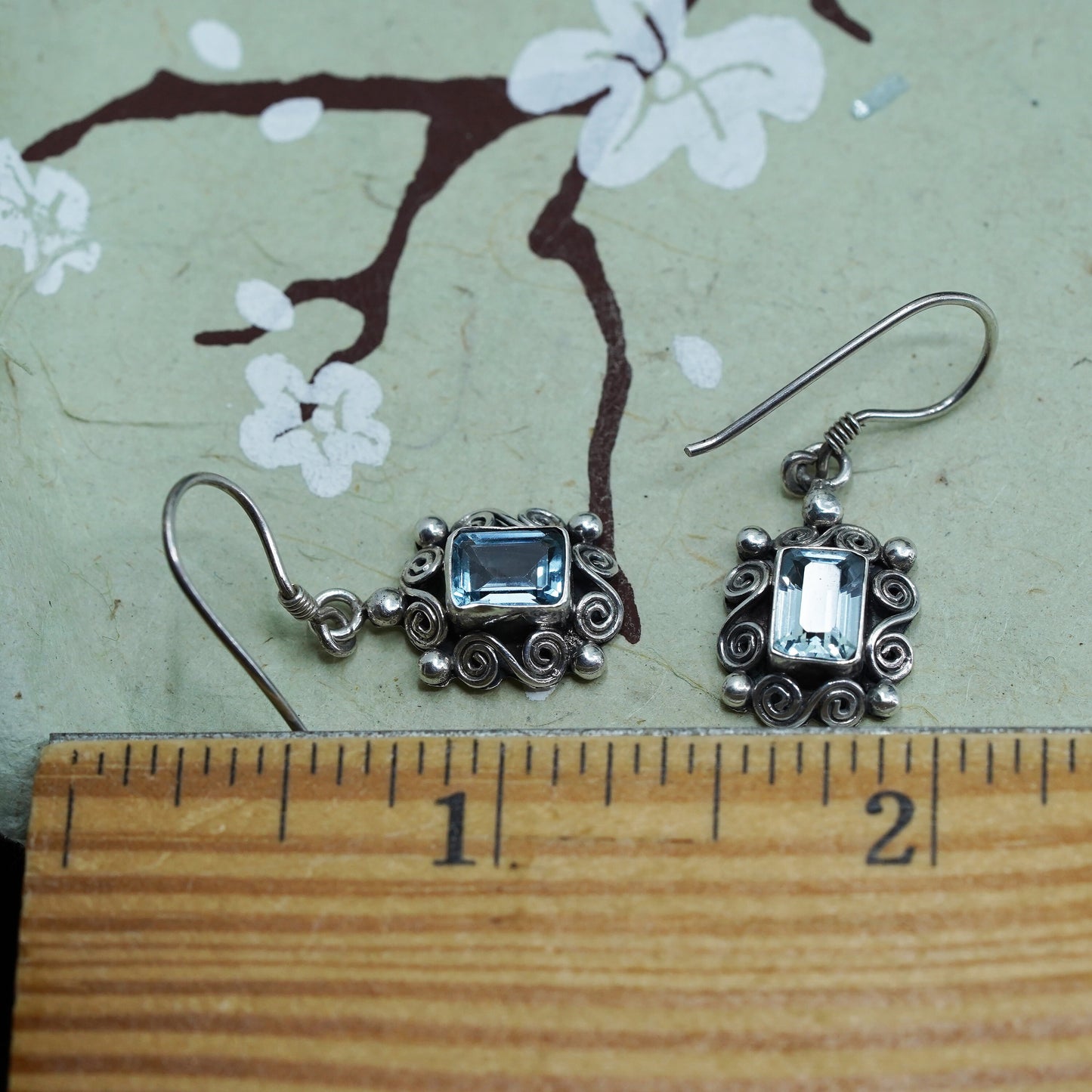 Vintage sterling silver 925 handmade earrings with blue topaz and sprial detail