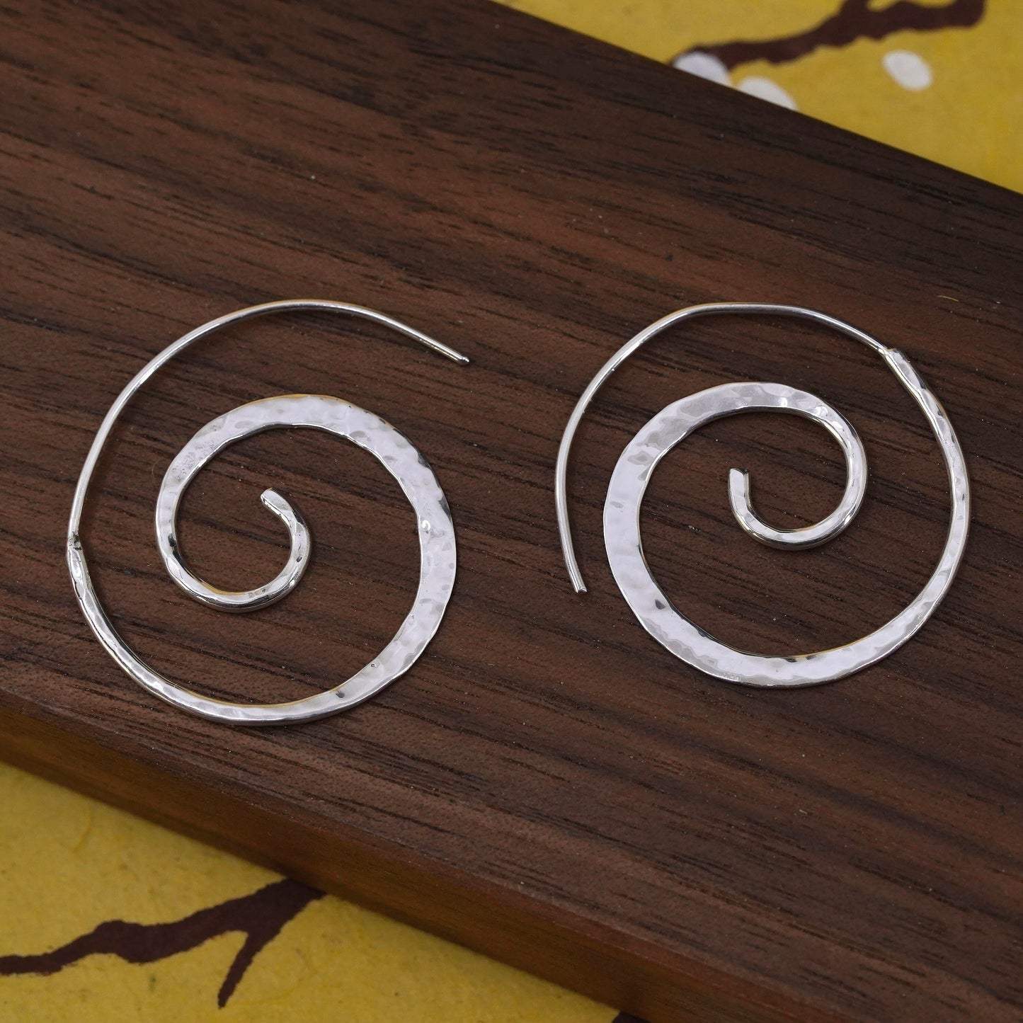 Mexican Sterling silver handmade earrings, 925 Hammered swirly sprial dangles
