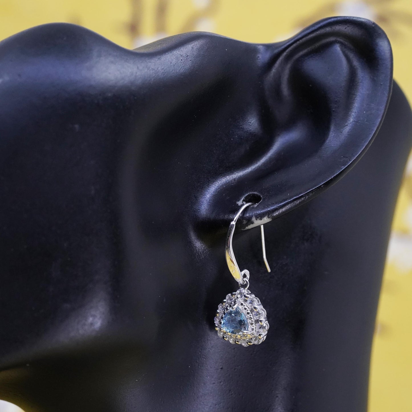 Vintage sterling 925 silver handmade earrings with blue topaz and cz around