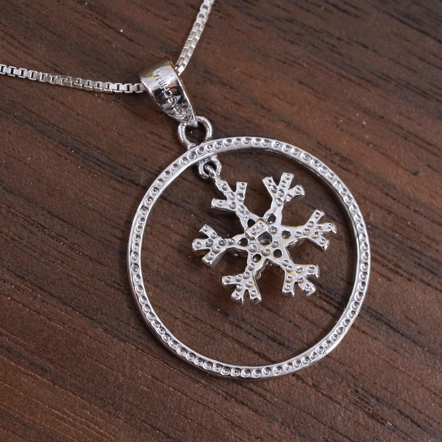 18”, Vintage Sterling silver necklace, 925 box chain cz snowflake charm pendant