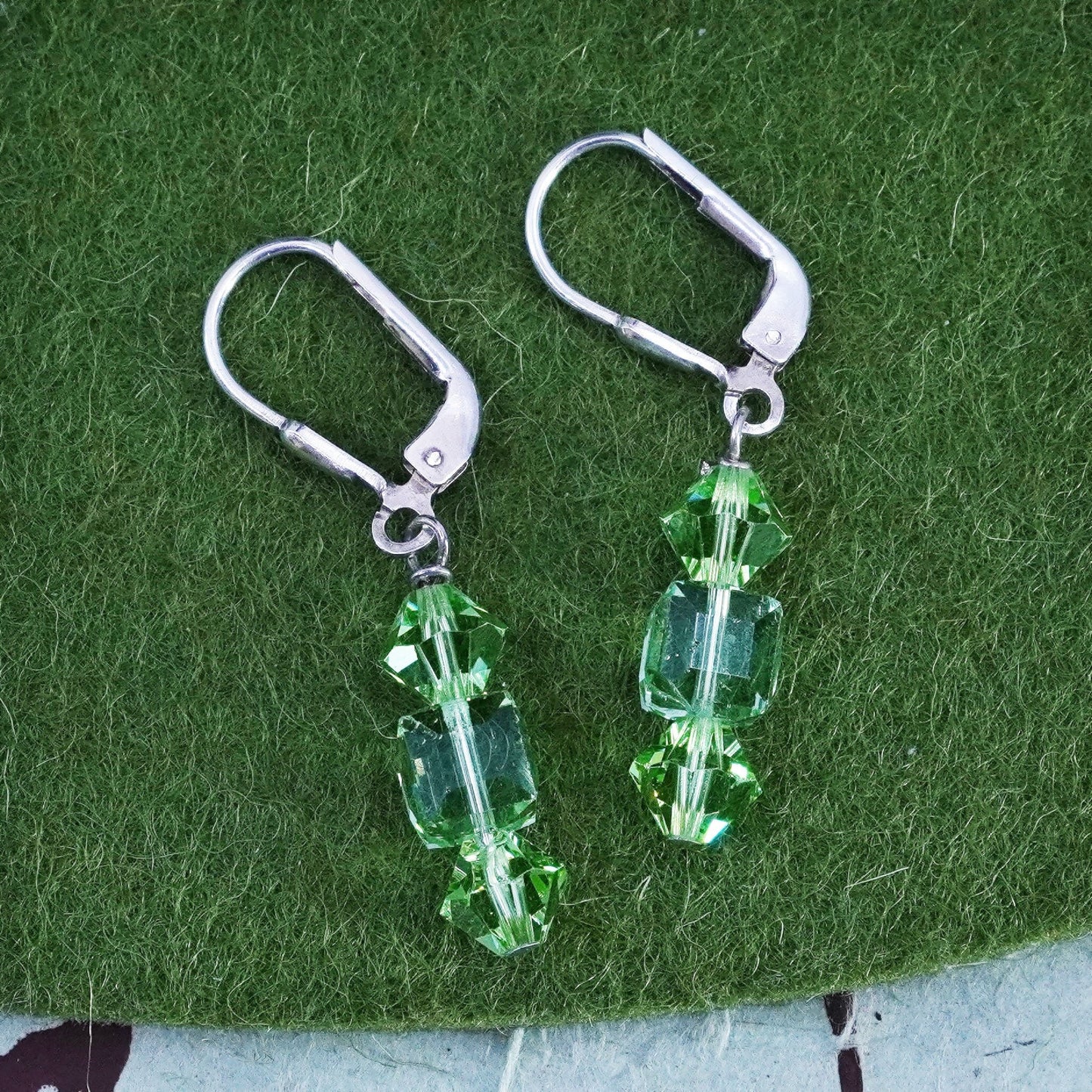 Vintage sterling silver handmade earrings, 925 silver with green crystal drops