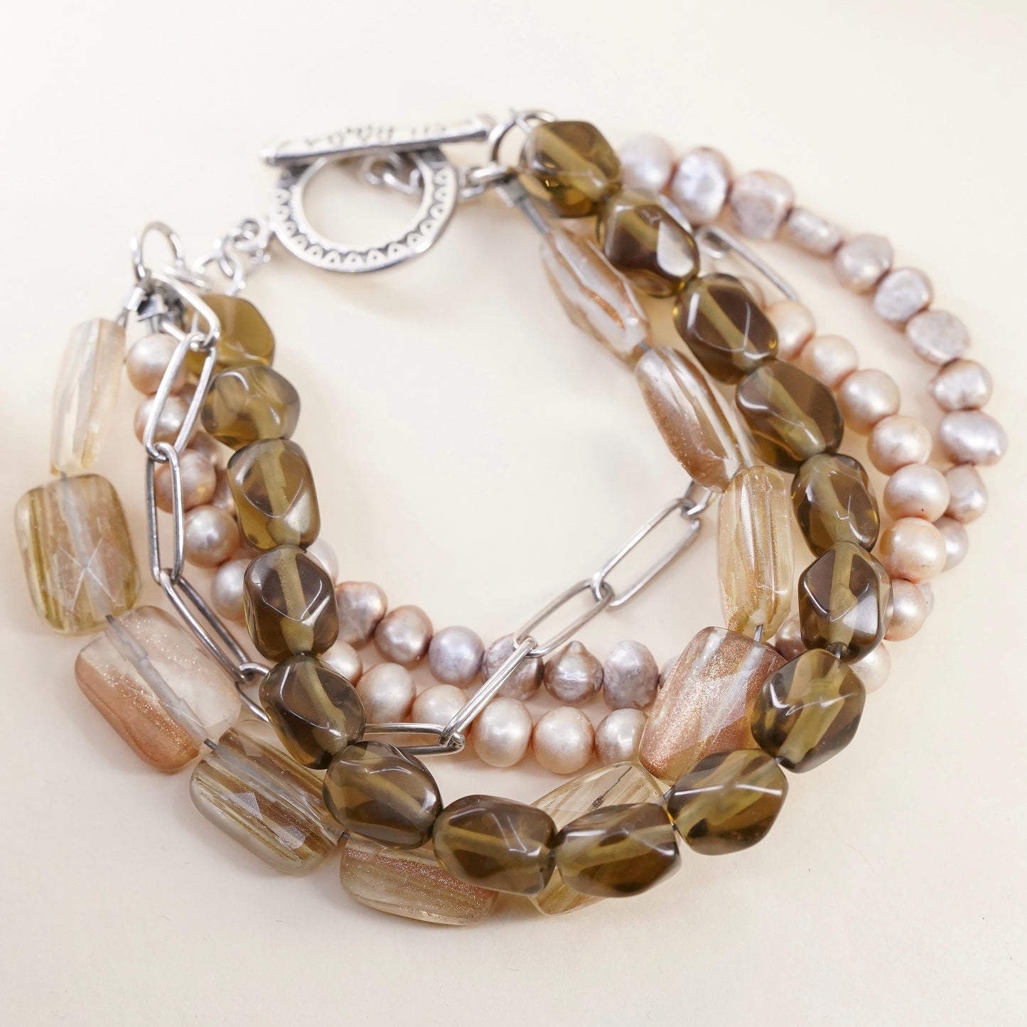 7”, B1412 Silpada sterling silver 925 pearls smokey quartz 5 strands bracelet