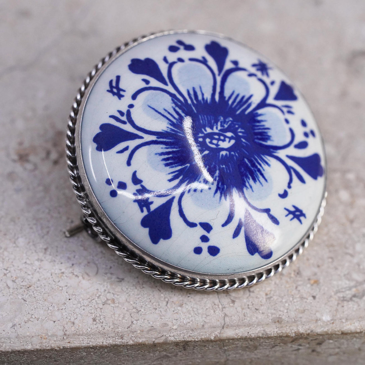 Delft Blue Porcelain Floral Brooch Sterling 925 Silver Hand Painted Dutch Pin