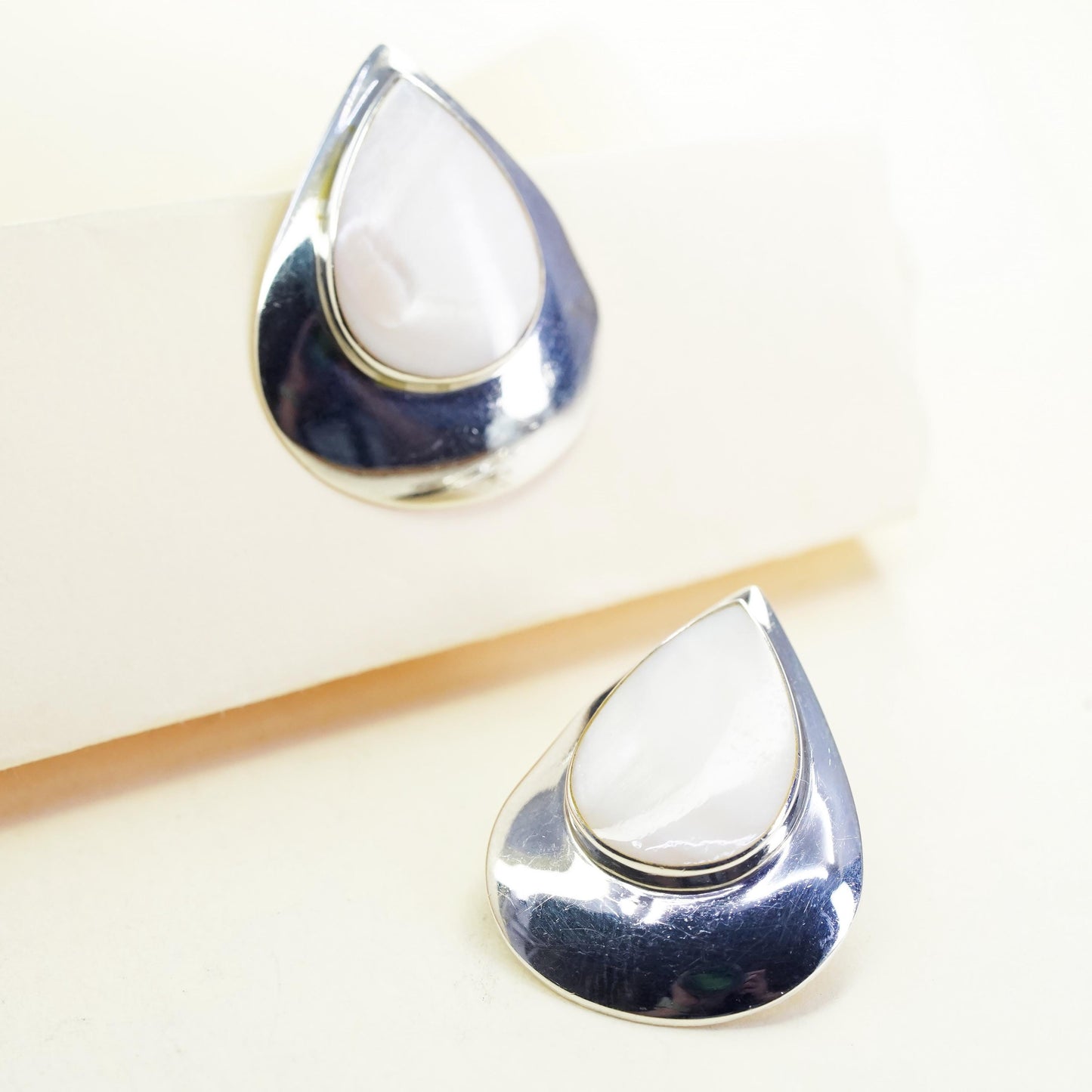 Vintage Sterling silver handmade earrings, 925 teardrop studs mother of pearl