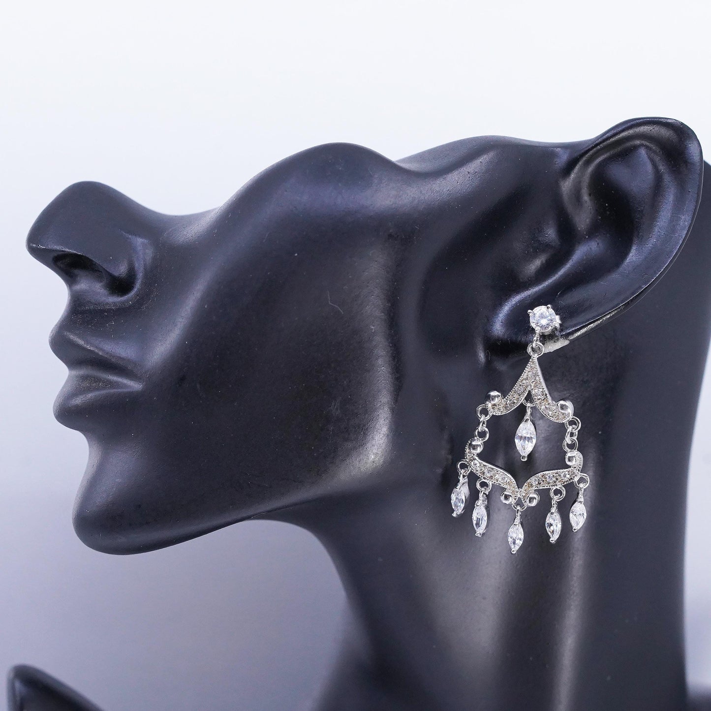 Vintage Sterling Silver CZ Chandelier Earrings, Dangles, Bridal Wedding Jewelry