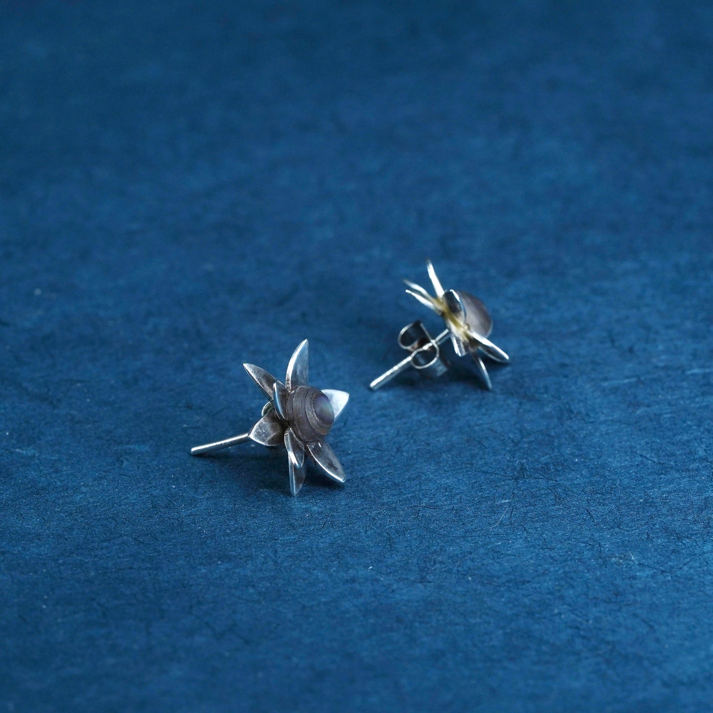 Vintage Sterling silver handmade earrings, 925 silver flower studs with abalone