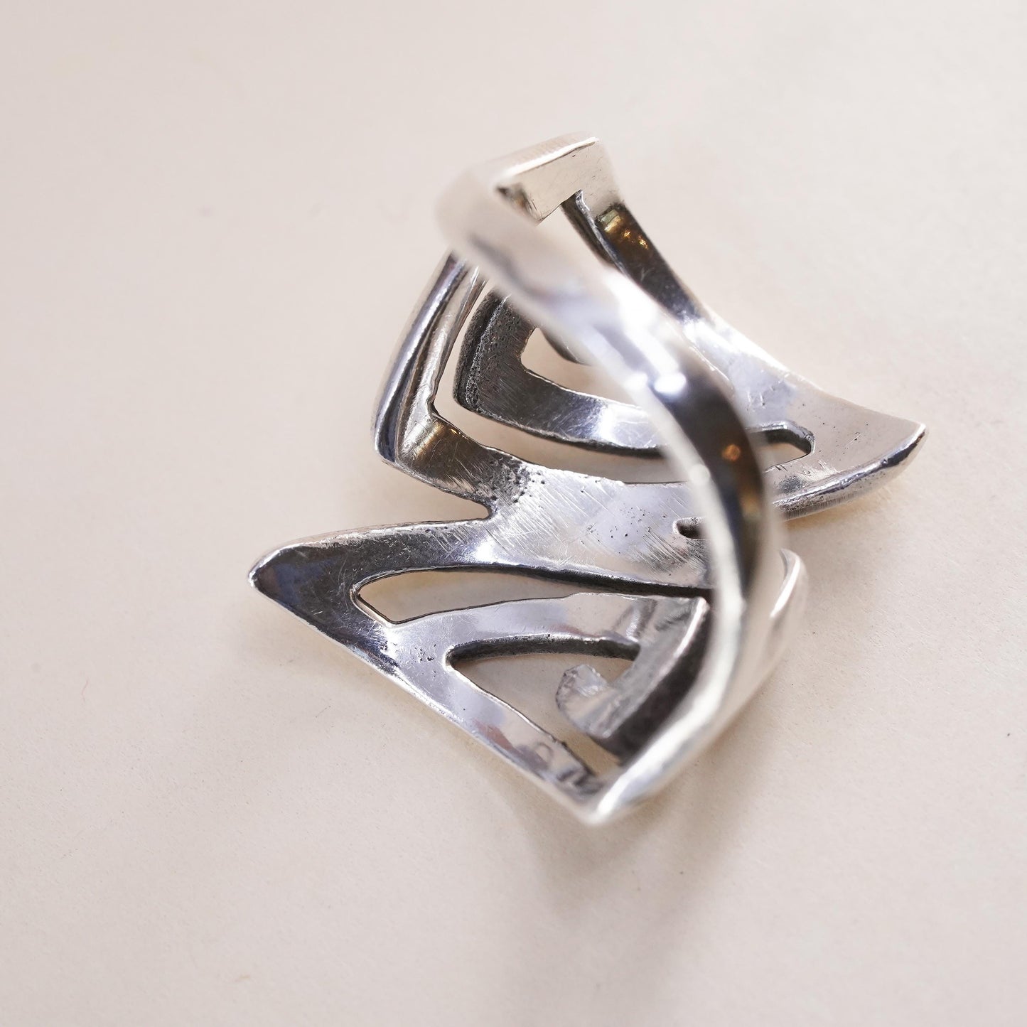 Size 4.25, vintage sterling silver handmade ring, 925 swirly Greek key band