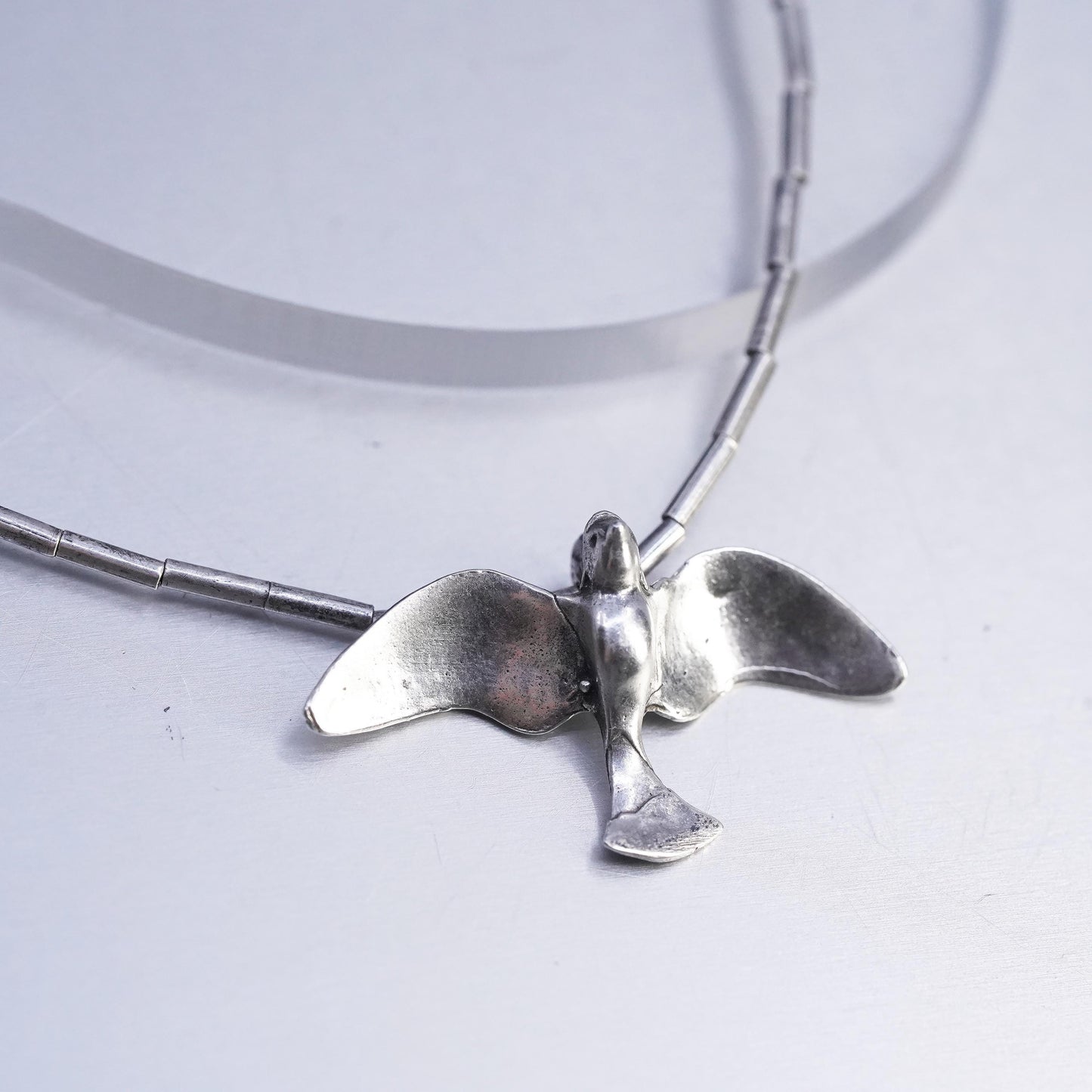 15", Native American Sterling 925 liquid silver necklace with done bird pendant