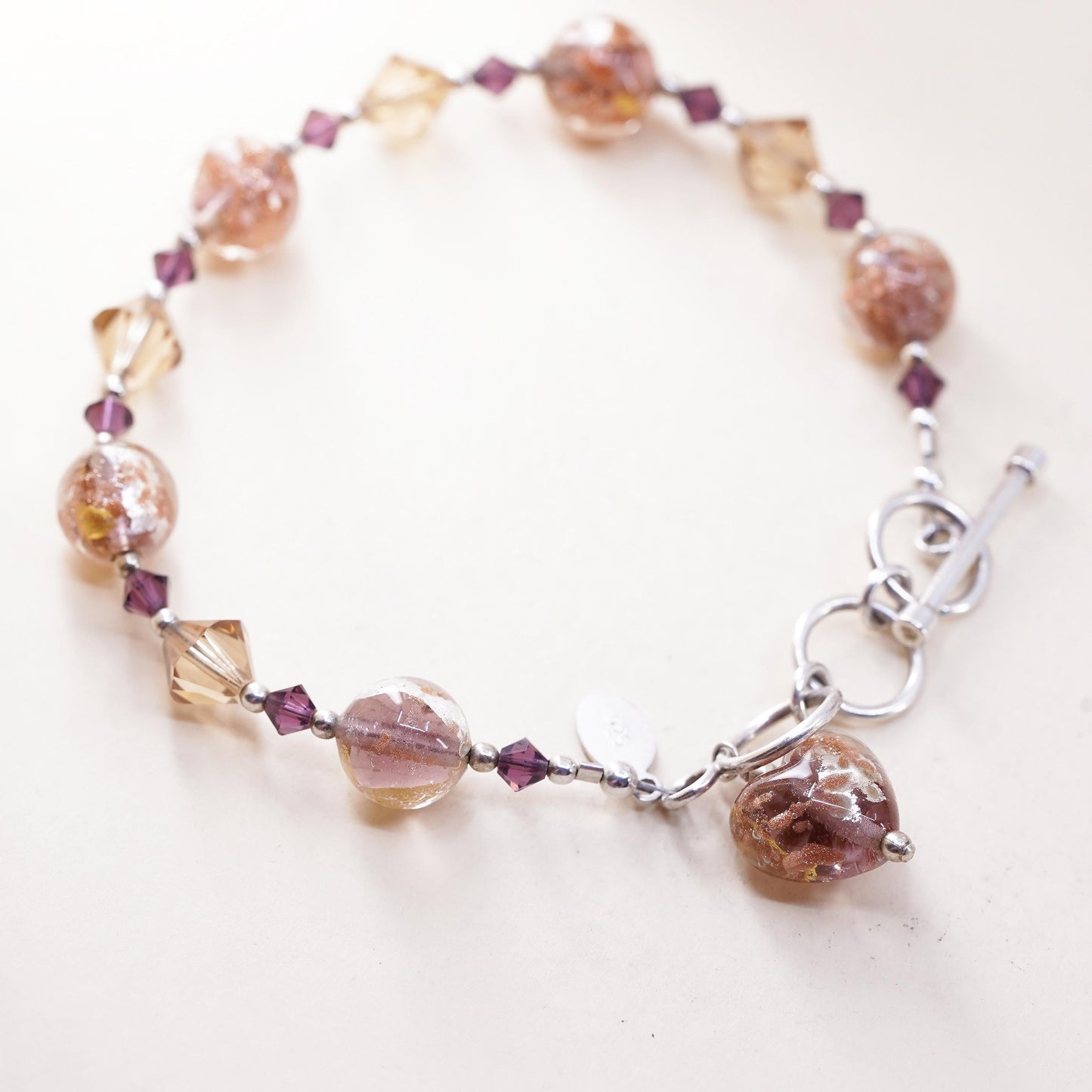 7.5+0.5" 925 Sterling silver bracelet artisan orange glass beads toggle closure