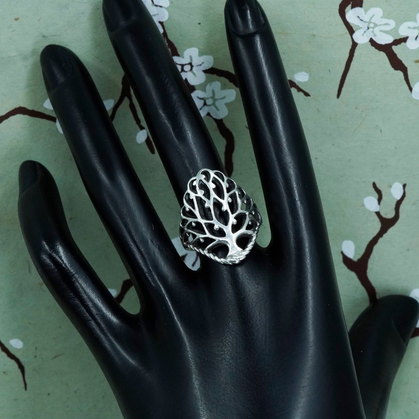 Size 7.75, vintage sterling silver handmade ring, 925 filigree tree band