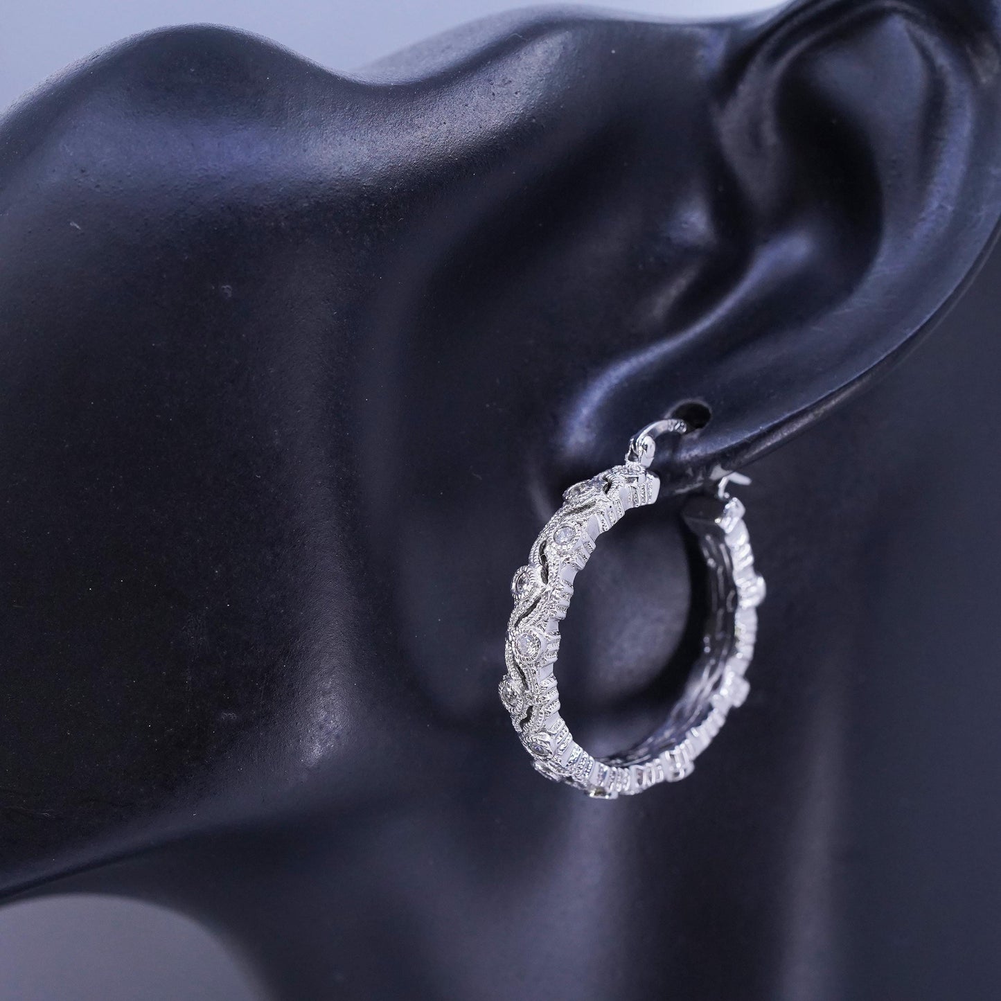 1.25”, vintage Sterling silver handmade earrings, 925 huggie hoops cluster Cz
