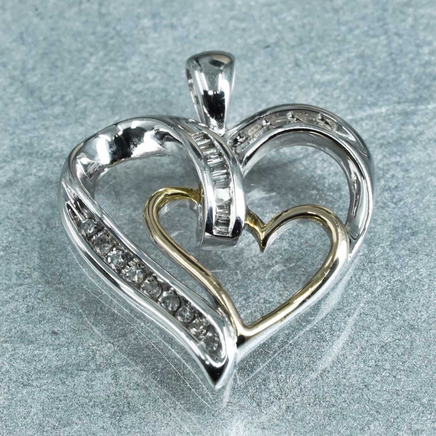two tone sterling 925 silver double heart pendant with diamond 10K yellow gold