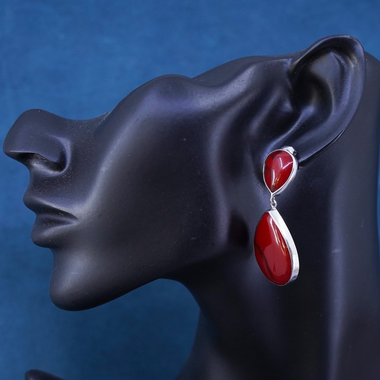 Vintage Sterling silver handmade earrings, 925 teardrop drops with red jasper