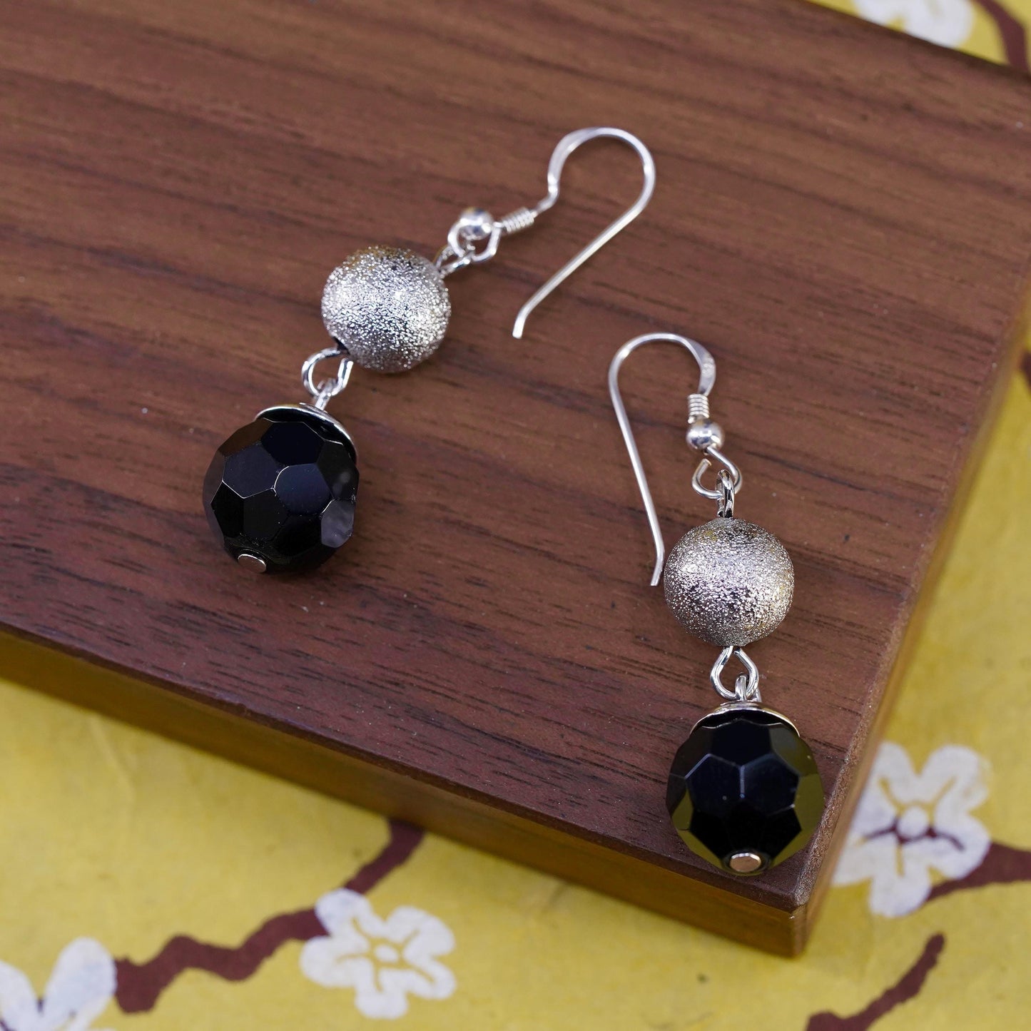 Vintage Sterling 925 silver handmade earrings with glitering onyx beads
