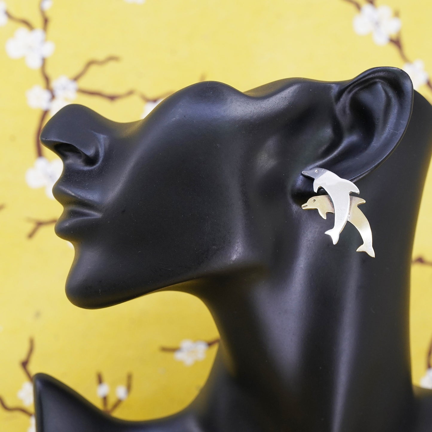 Mexican two tone Sterling silver handmade earrings, 925 brass dolphins studs