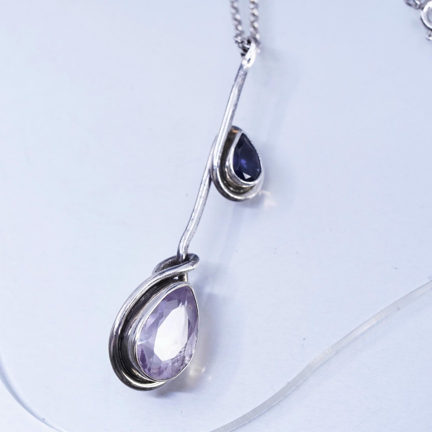 18", Italian Sterling 925 silver necklace with 2.25” teardrop amethyst pendant