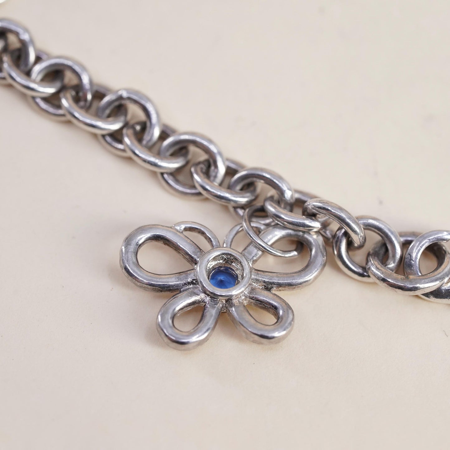 6.75”, Vintage sterling 925 silver circle bracelet with flower moon star charms