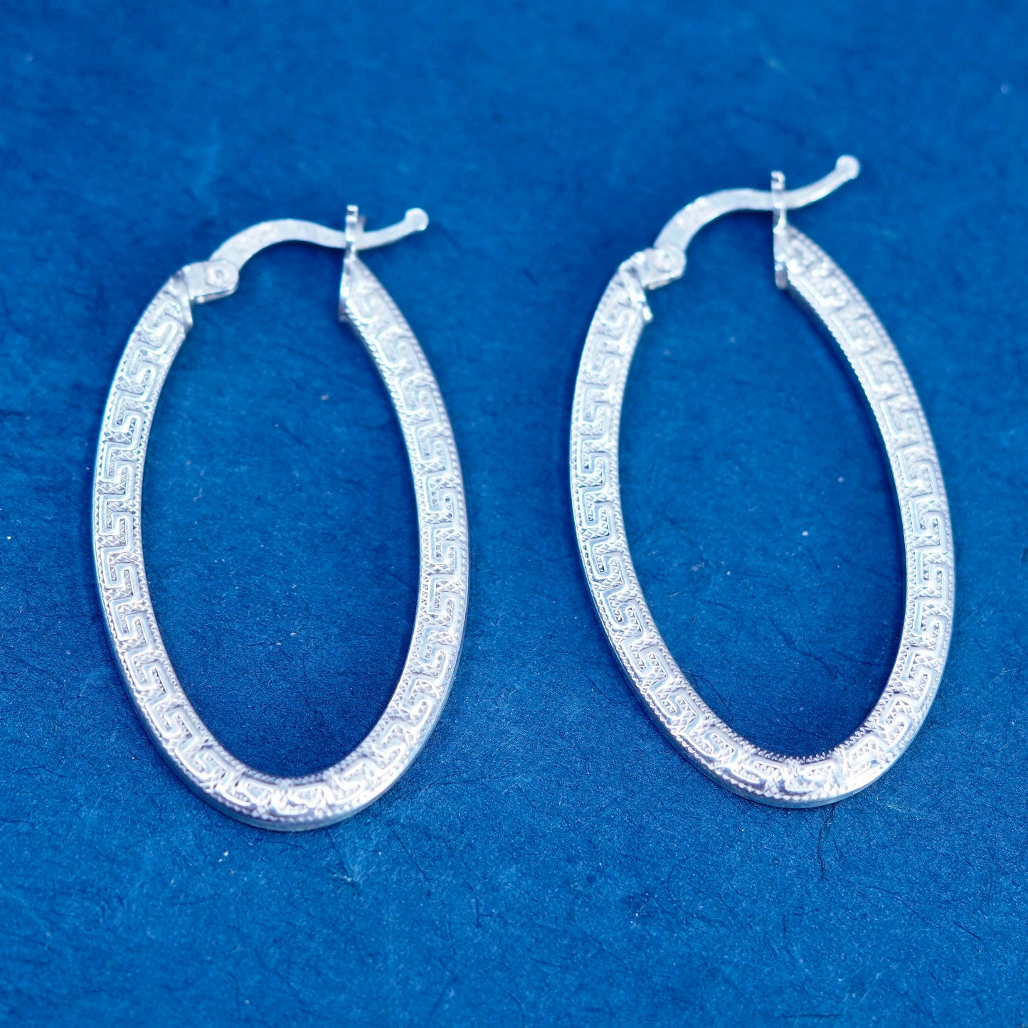 1.5”, Sterling silver earrings, 925 oval Greek key pattern engraved hoops