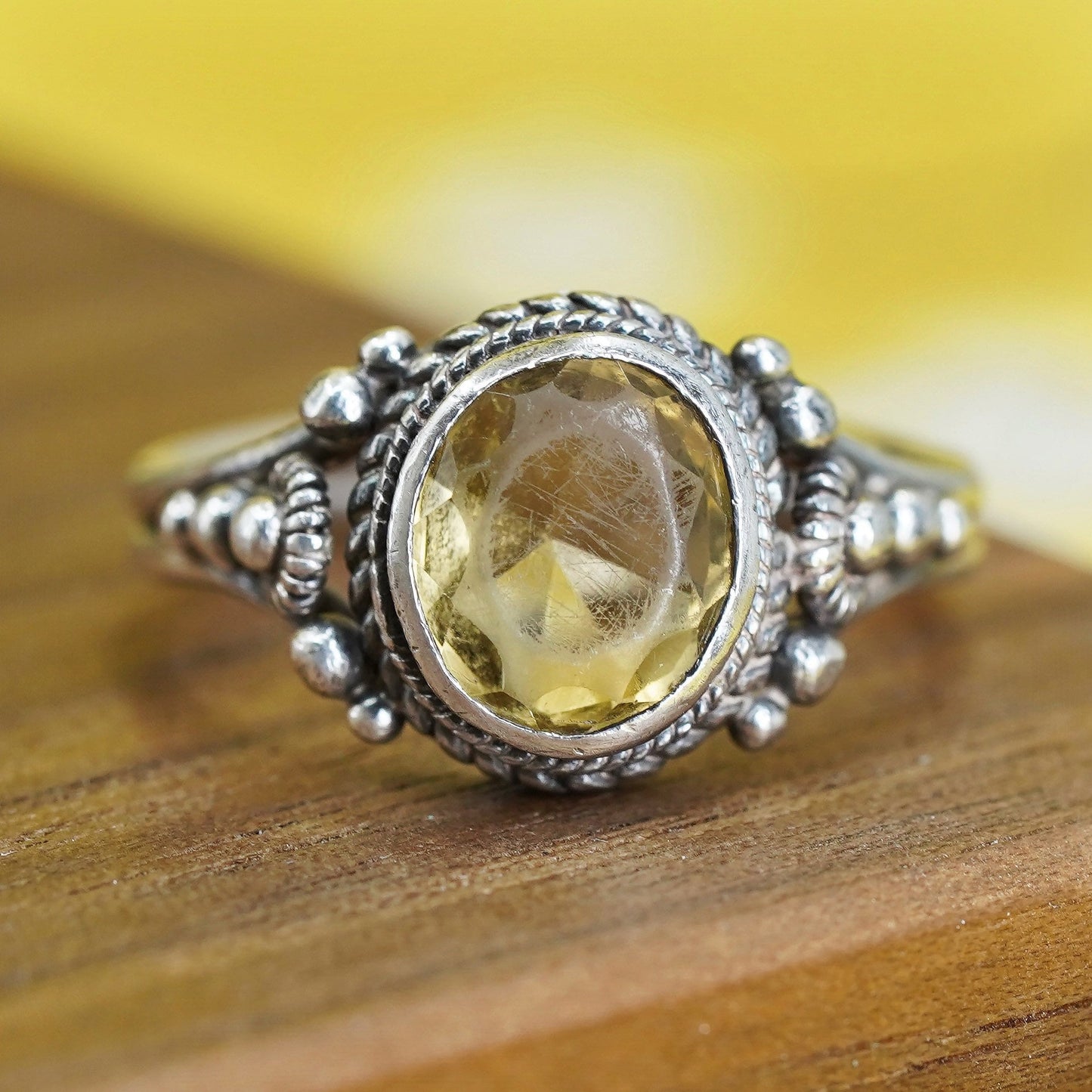 Size 7, vintage Sterling 925 silver handmade statement ring with citrine beads