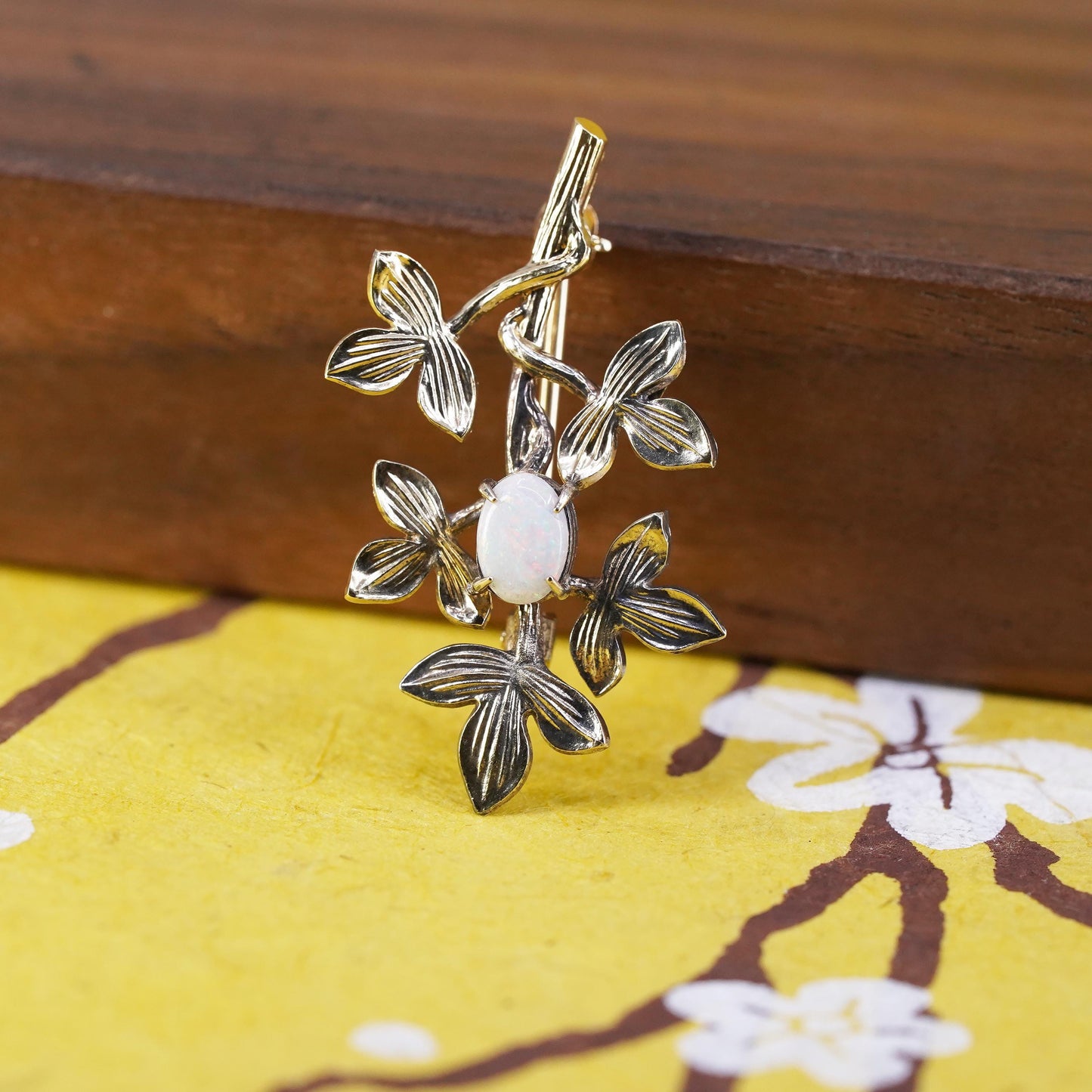 Vintage Vermeil gold over handmade sterling 925 silver tree brooch with opal