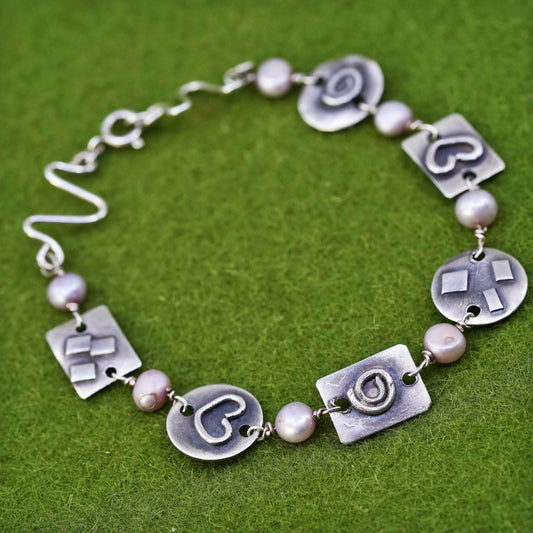 7", sterling silver handmade bracelet, 925 disc embossed heart with pearl beads