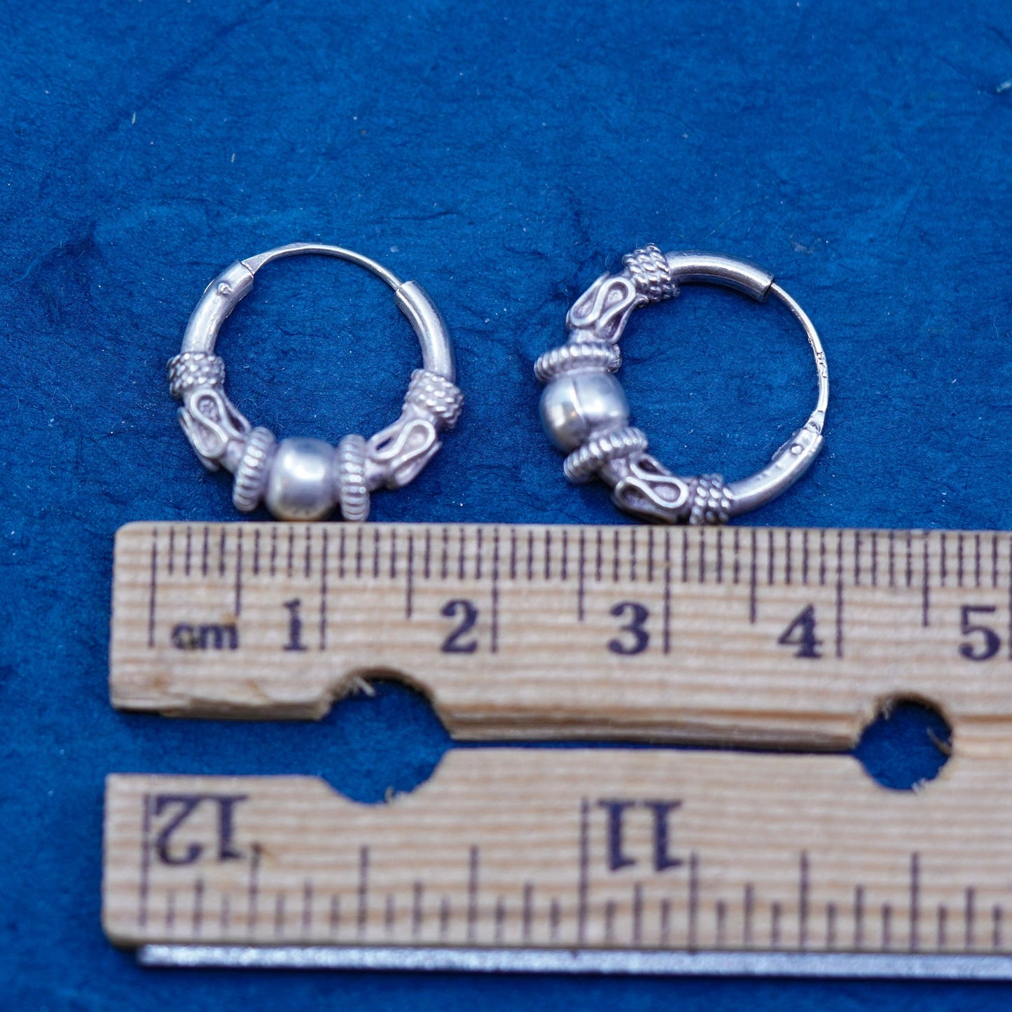 0.75”, vintage Sterling silver handmade earrings, textured 925 hoops, huggie