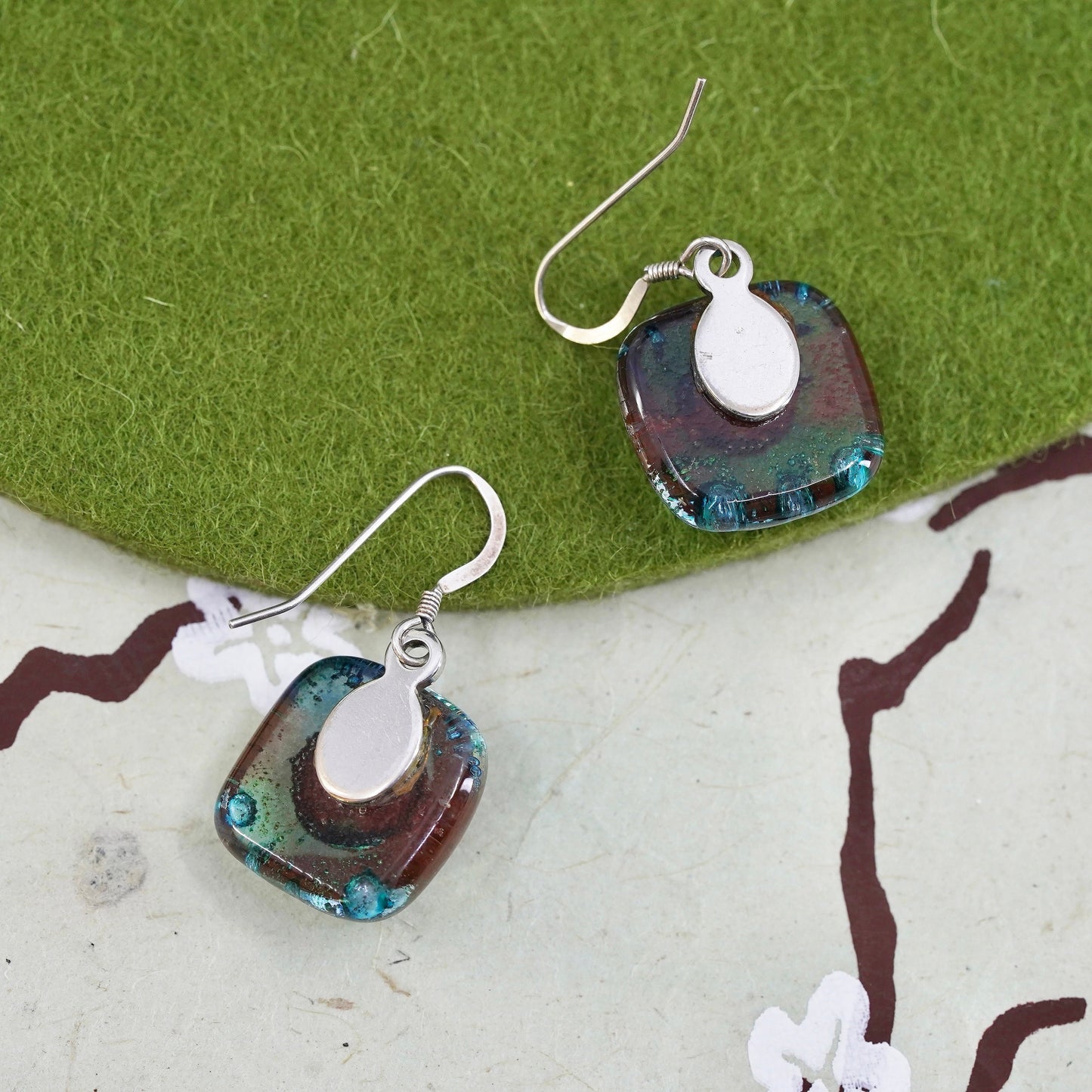 Vintage Sterling 925 silver handmade earrings square foiled artisan glass drops