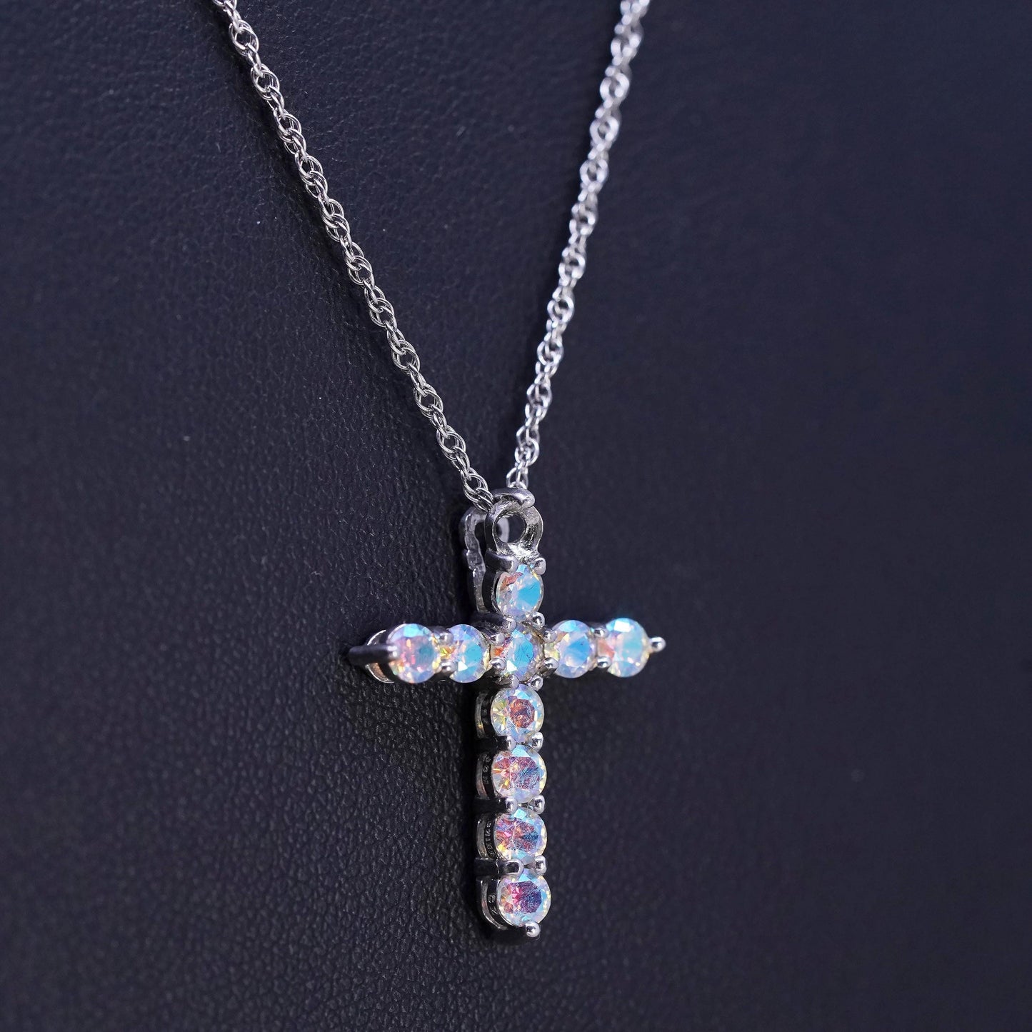 18" Sterling silver necklace, 925 Singapore rope chain AB crystal cross pendant