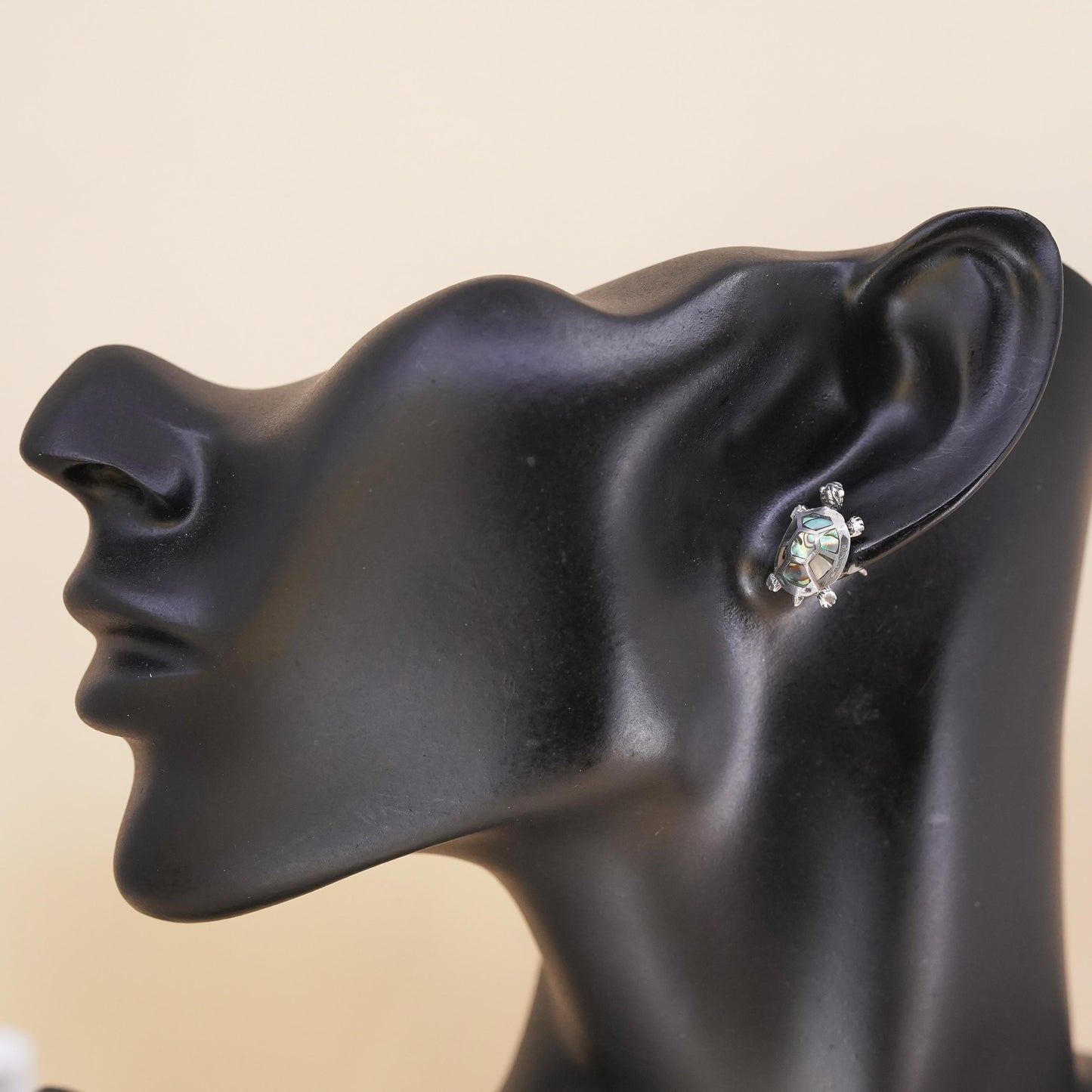 Vintage handmade single earring. Sterling 925 silver turtle stud with abalone