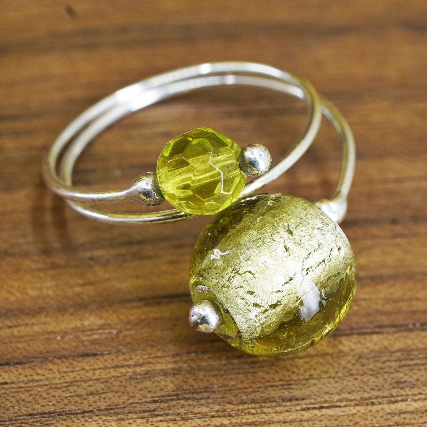 Size 6, Sterling silver handmade ring, southwestern 925 with green foiled glass