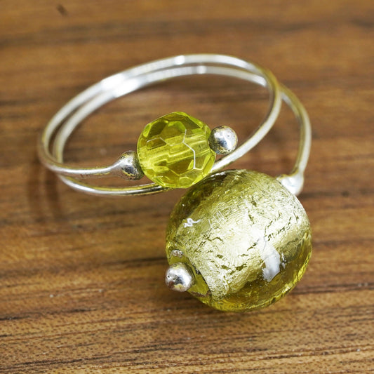Size 6, Sterling silver handmade ring, southwestern 925 with green foiled glass