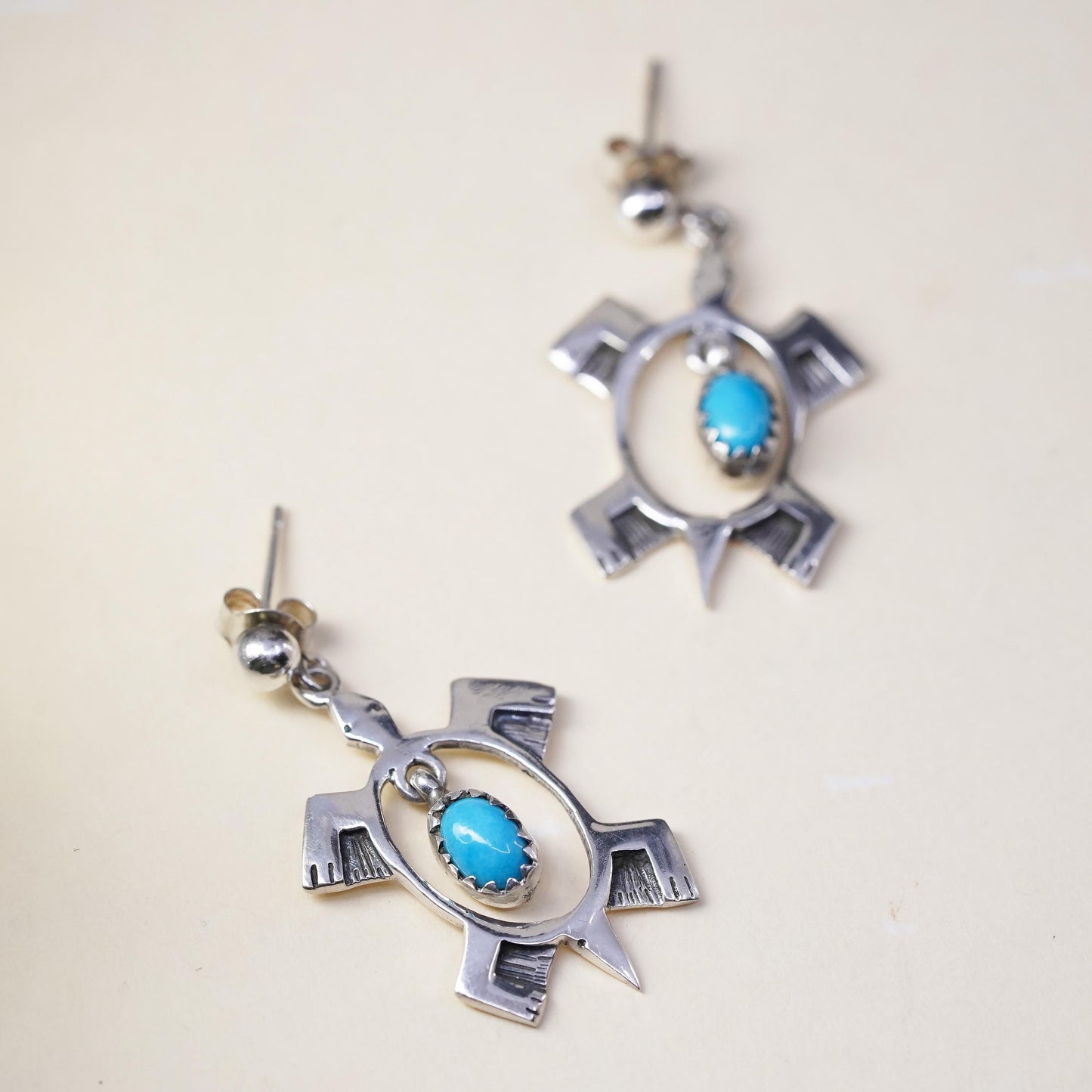 Native American Sterling silver handmade earrings, navajo 925 turtle turquoise