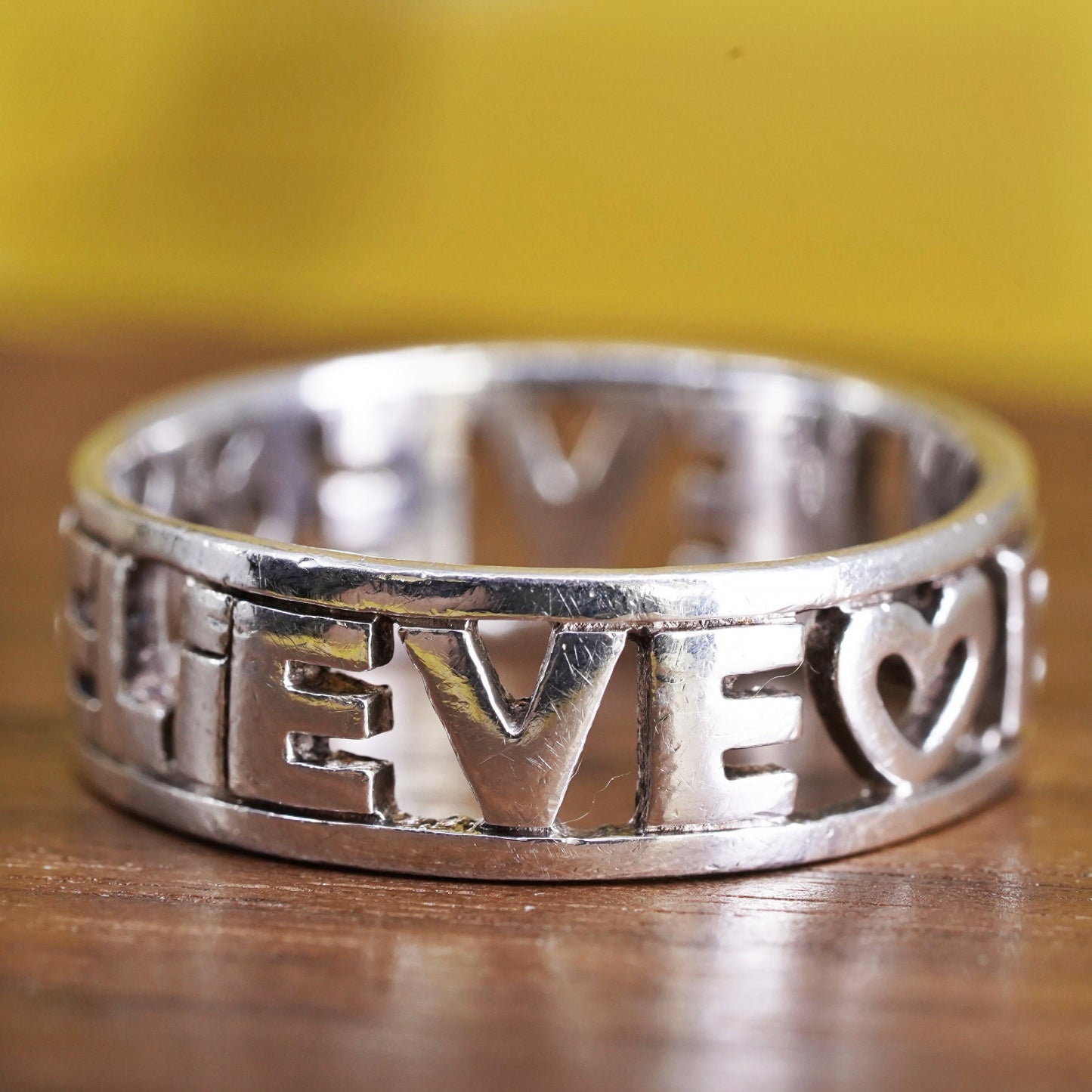 Size 8, vintage Sterling silver prayer ring, 925 band engraved "believe"