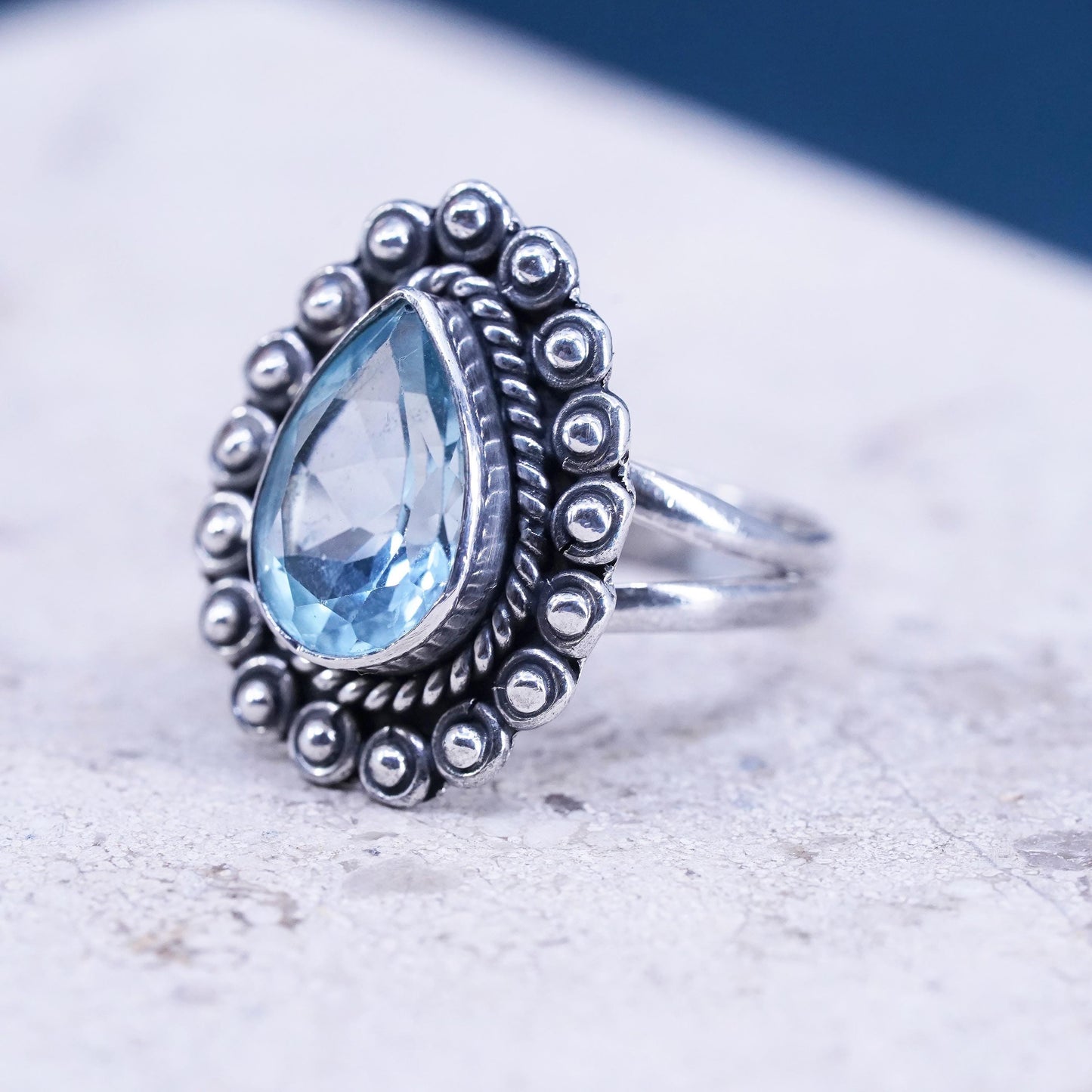 Size 7.25, vintage YS Sterling 925 silver handmade ring teardrop topaz beads