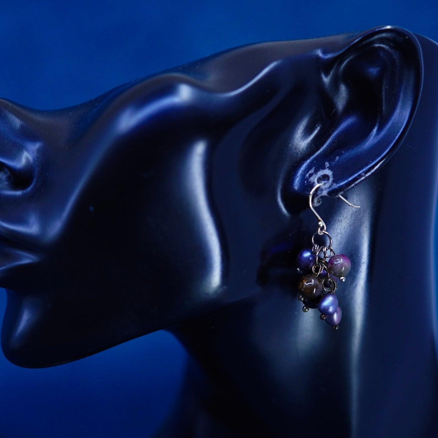 Native American Sterling silver earrings with cluster black pearls and jasper